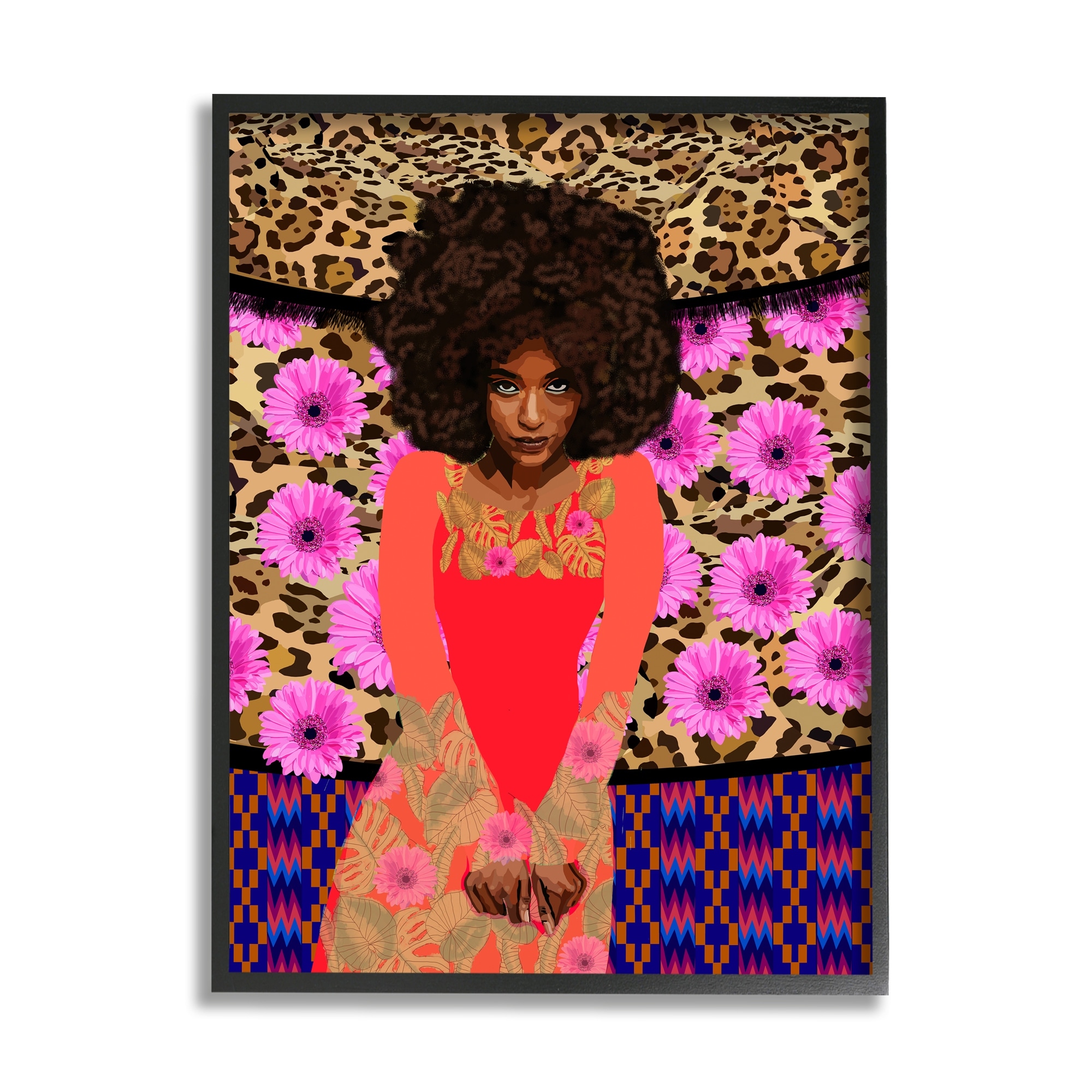 Stupell Industries Leopard Floral Pattern Bold Pink Flowers Femal Portrait Graphic Art Black Framed Art Print Wall Art, 16x20, by Lynnda Rakos