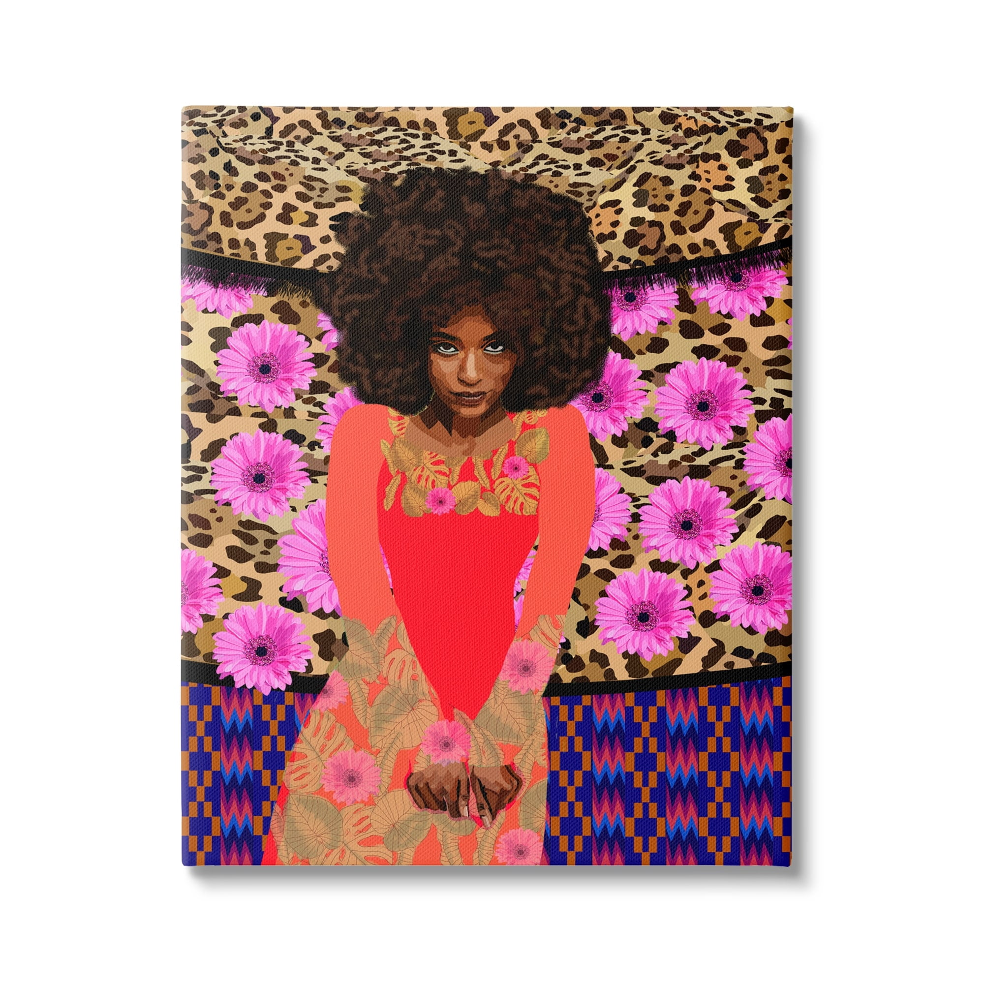 Stupell Industries Leopard Floral Pattern Bold Pink Flowers Femal Portrait Graphic Art Gallery-Wrapped Canvas Print Wall Art, 24x30, by Lynnda Rakos