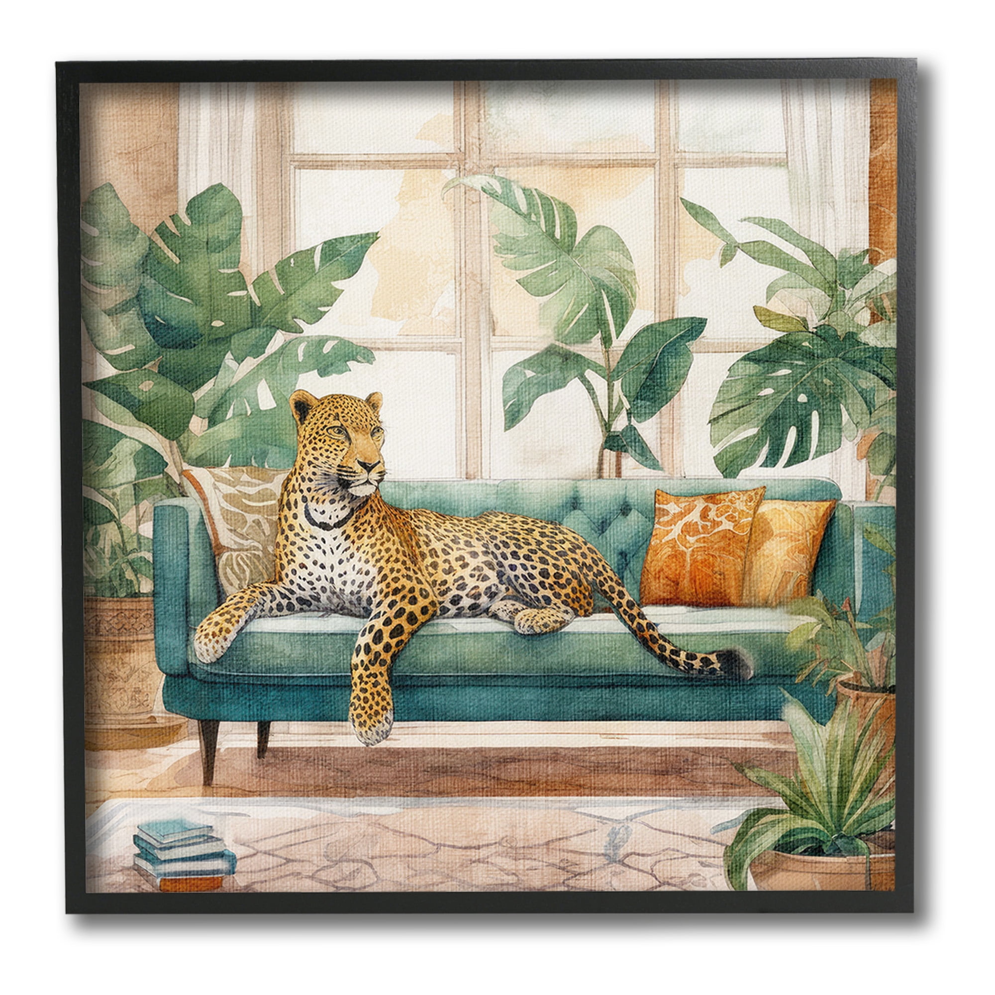 Stupell Industries Leopard & House Plants Animals & Insects Painting Black Framed Art Print Wall Art, 24 x 24