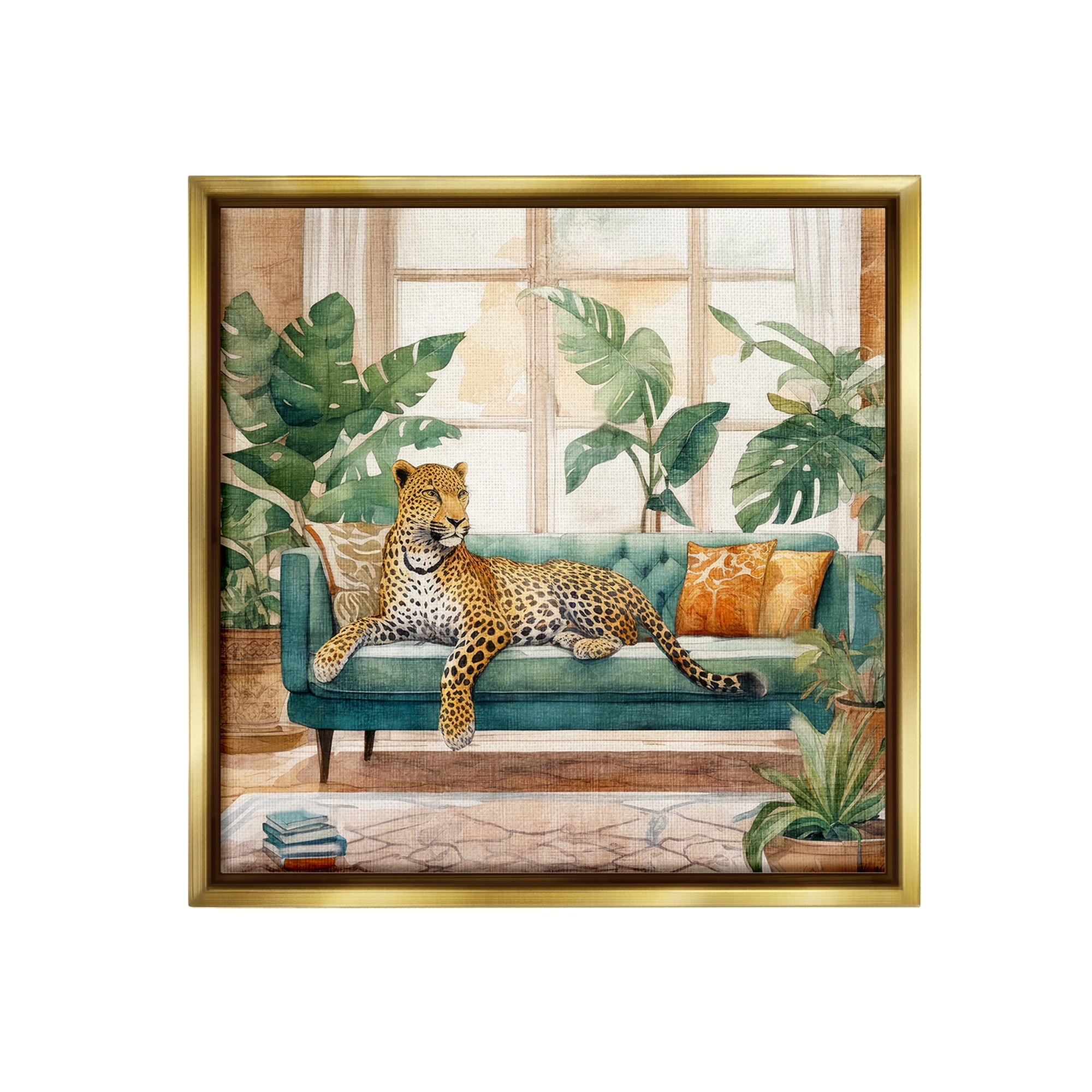 Stupell Industries Leopard & House Plants Animals & Insects Painting Gold Floater Framed Canvas Art Print Wall Art, 25 x 25