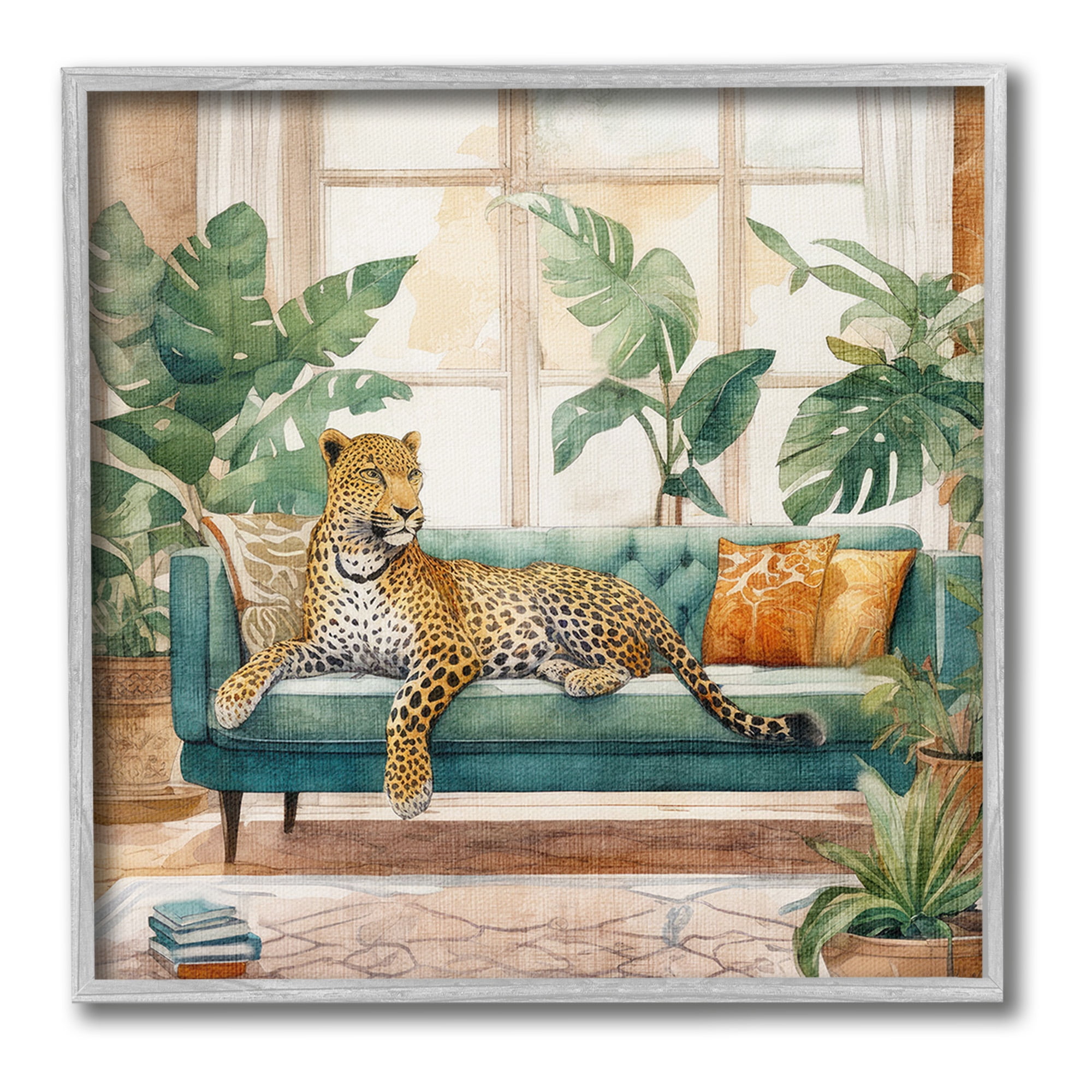 Stupell Industries Leopard & House Plants Animals & Insects Painting Gray Framed Art Print Wall Art, 12 x 12
