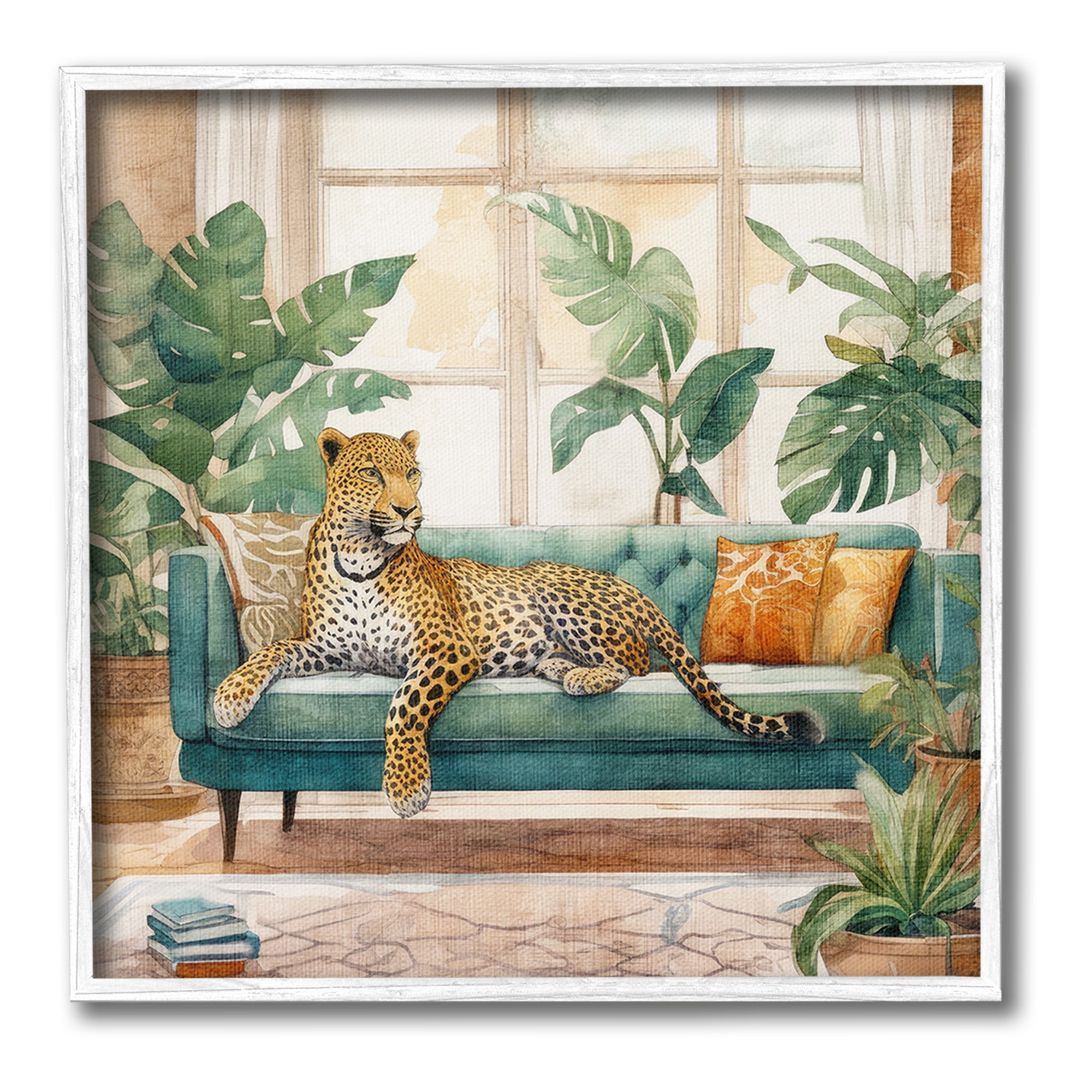 Stupell Industries Leopard & House Plants Animals & Insects Painting White Framed Art Print Wall Art, 12 x 12