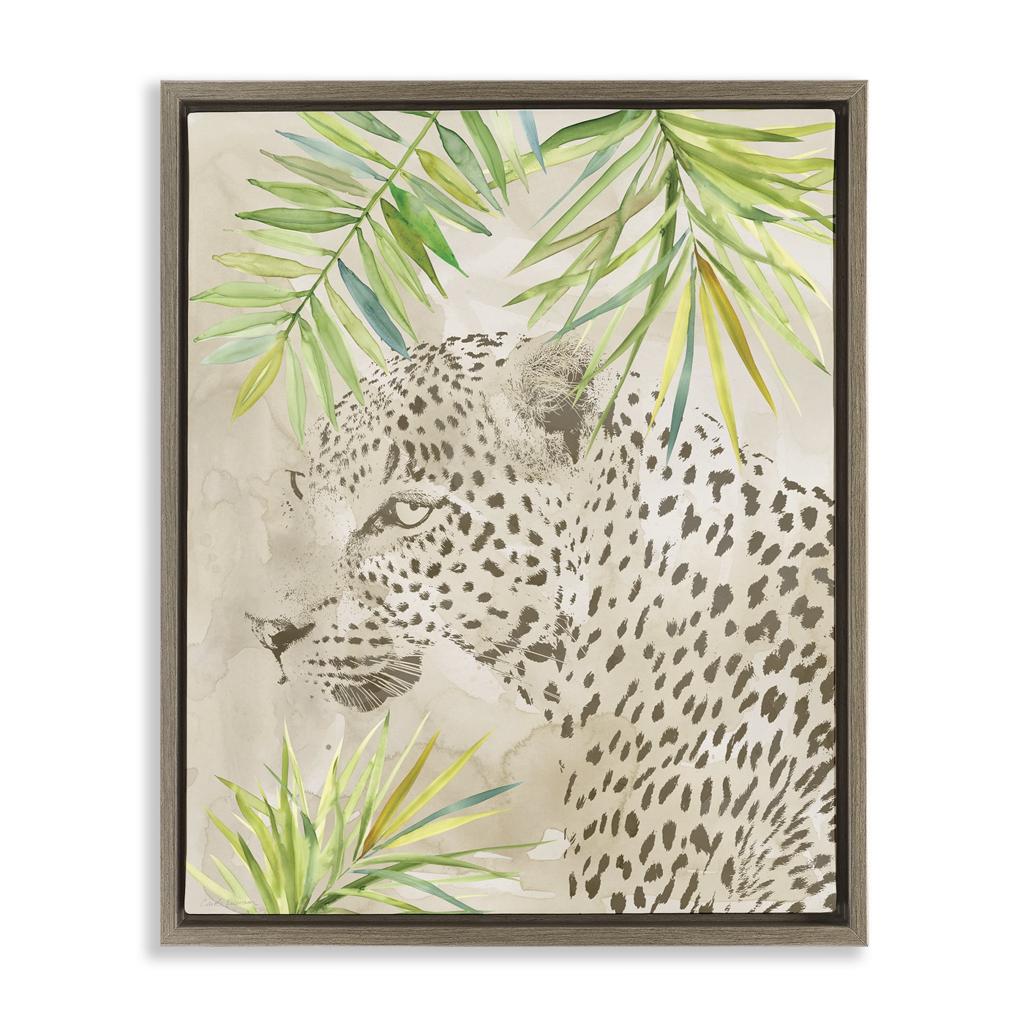 Stupell Industries Leopard Impression & Palms Animals Painting Brown Floater Framed Canvas Art Print Wall Art, 25 x 31