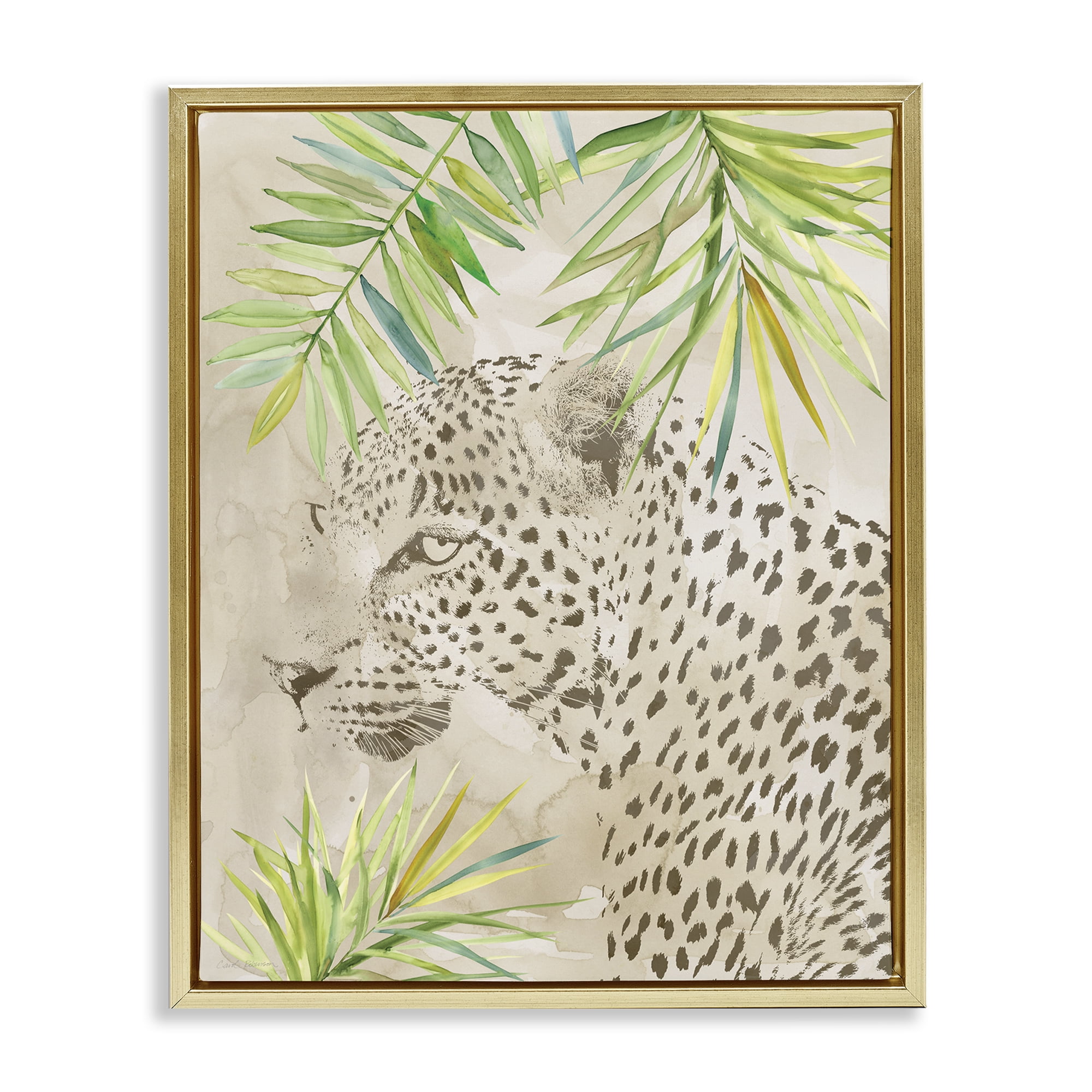 Stupell Industries Leopard Impression & Palms Animals Painting Gold Floater Framed Canvas Art Print Wall Art, 25 x 31