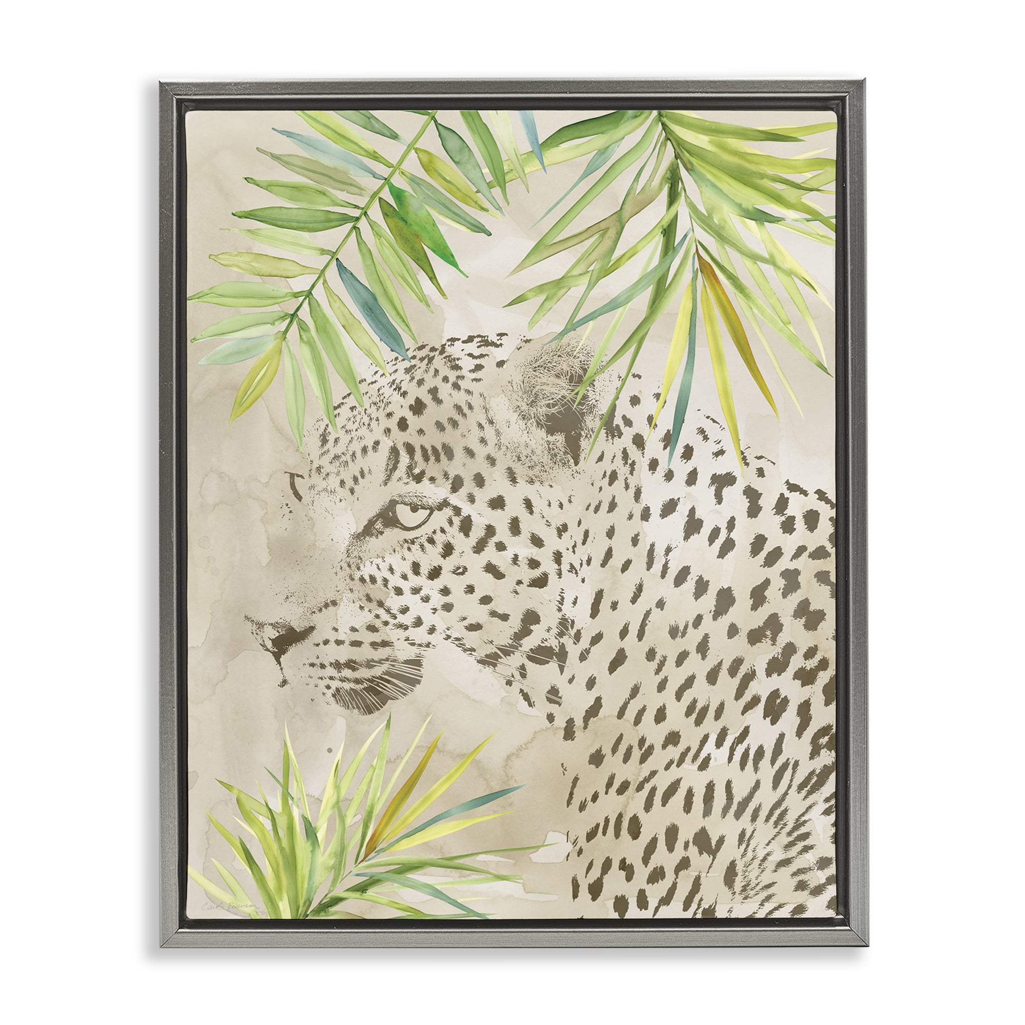 Stupell Industries Leopard Impression & Palms Animals Painting Gray Floater Framed Canvas Art Print Wall Art, 17 x 21