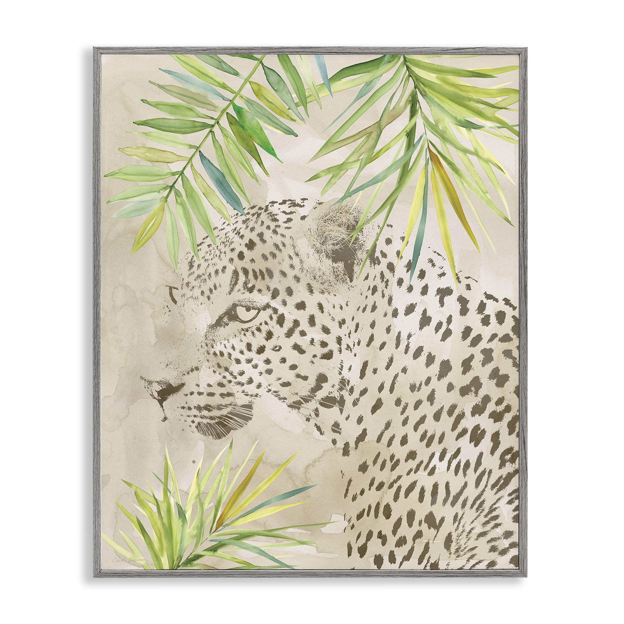 Stupell Industries Leopard Impression & Palms Animals Painting Gray Framed Art Print Wall Art, 11 x 14