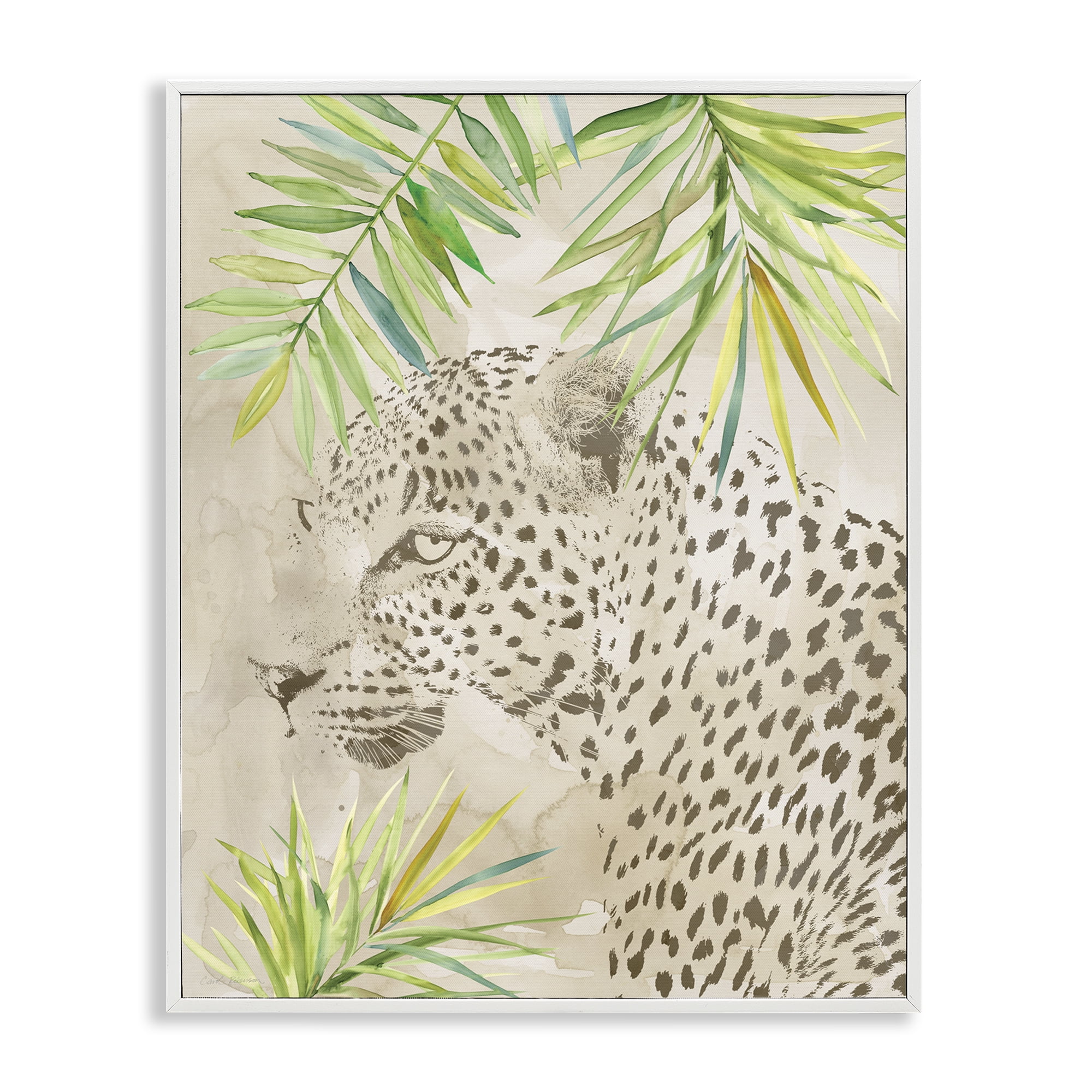 Stupell Industries Leopard Impression & Palms Animals Painting White Framed Art Print Wall Art, 24 x 30
