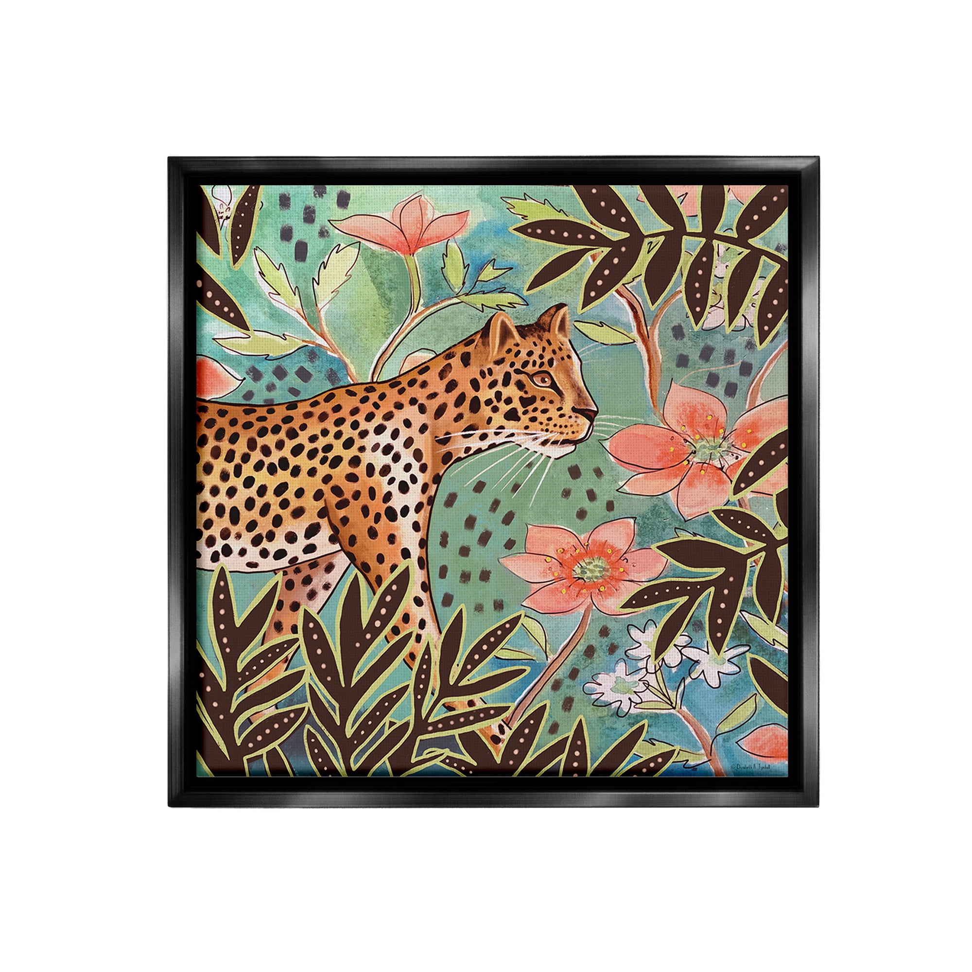 Stupell Industries Leopard & Jungle Florals Animals & Insects Painting Black Floater Framed Canvas Art Print Wall Art, 25 x 25
