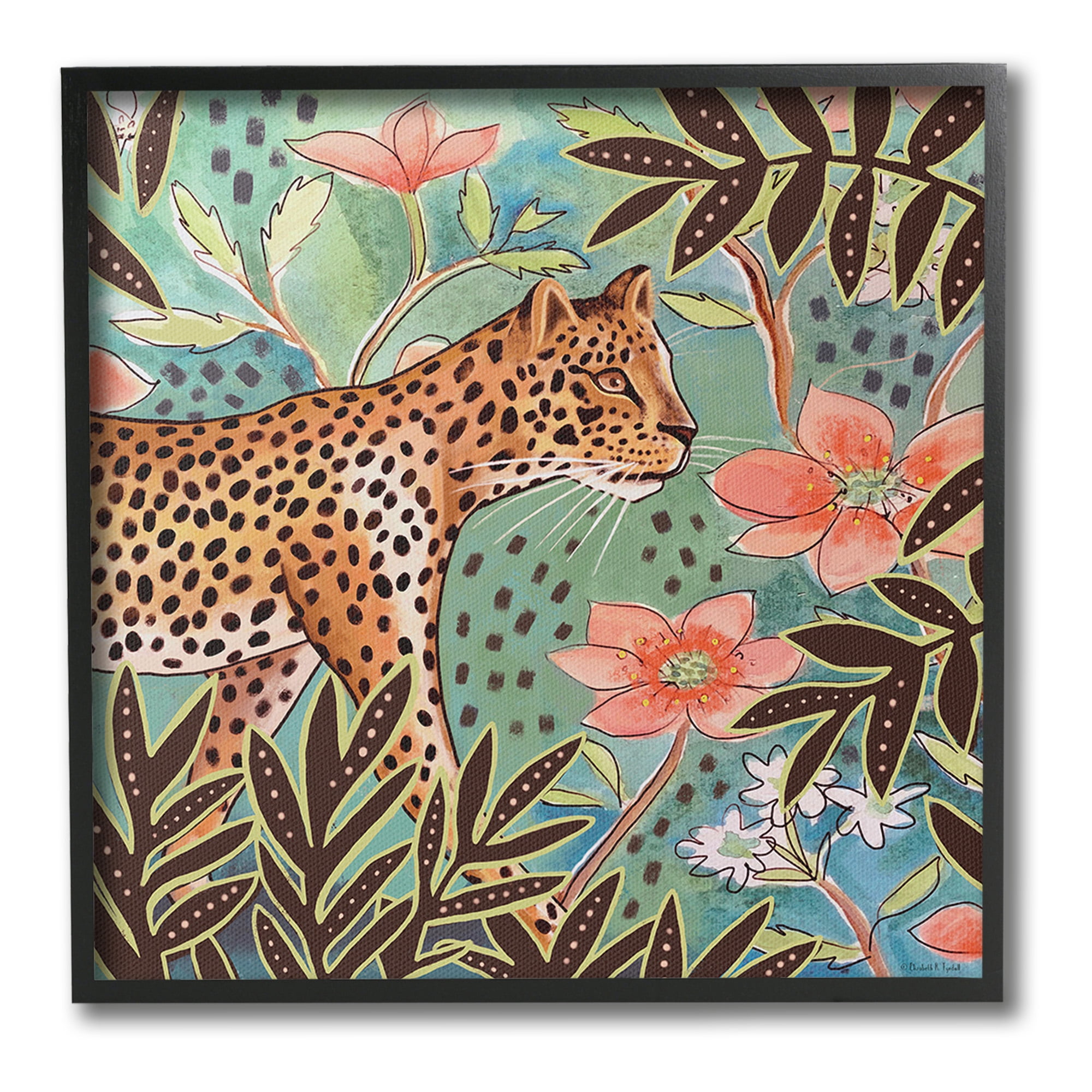 Stupell Industries Leopard & Jungle Florals Animals & Insects Painting Black Framed Art Print Wall Art, 24 x 24