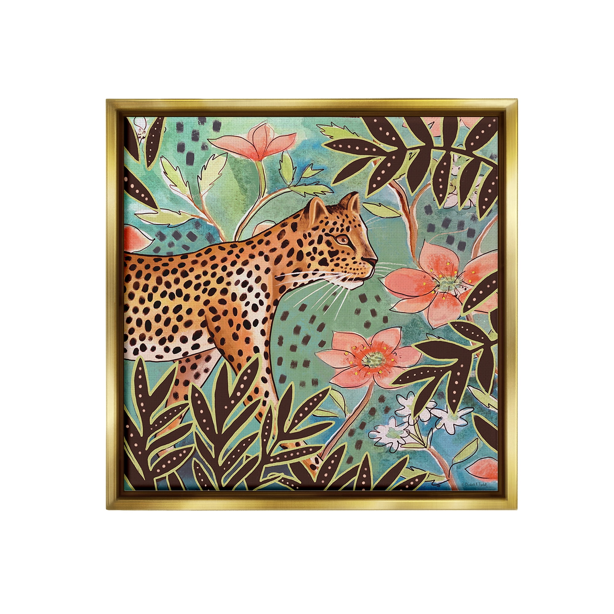 Stupell Industries Leopard & Jungle Florals Animals & Insects Painting Gold Floater Framed Canvas Art Print Wall Art, 18 x 18