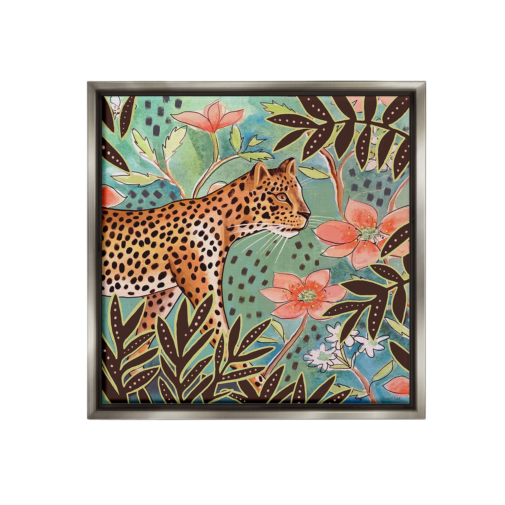 Stupell Industries Leopard & Jungle Florals Animals & Insects Painting Gray Floater Framed Canvas Art Print Wall Art, 25 x 25