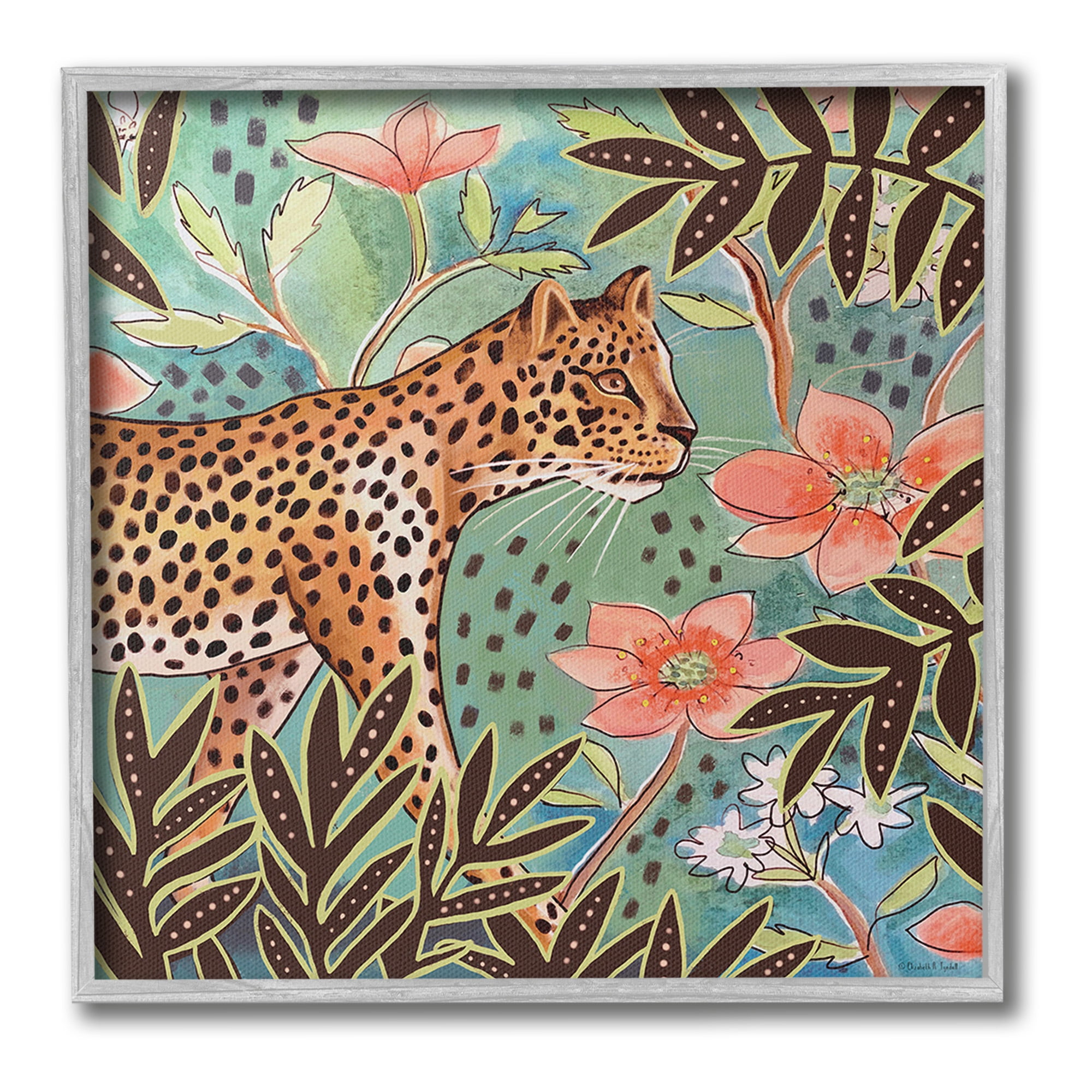Stupell Industries Leopard & Jungle Florals Animals & Insects Painting Gray Framed Art Print Wall Art, 24 x 24