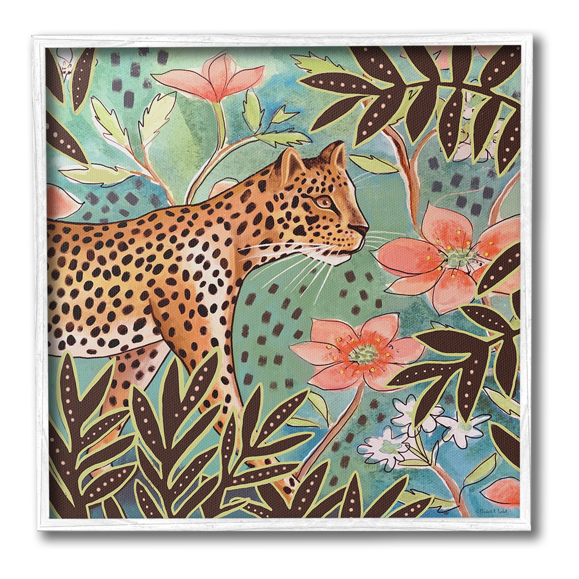Stupell Industries Leopard & Jungle Florals Animals & Insects Painting White Framed Art Print Wall Art, 17 x 17