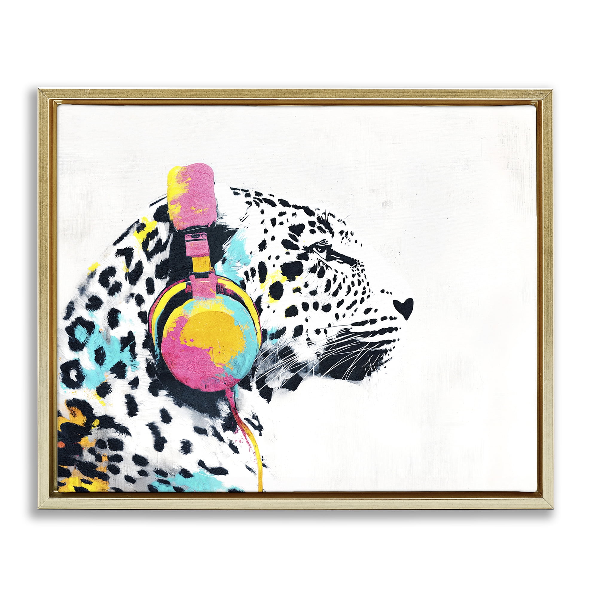Stupell Industries Leopard On Air Headphones Gold Framed Floater Canvas Wall Art, design by Svetlana Aleynikova