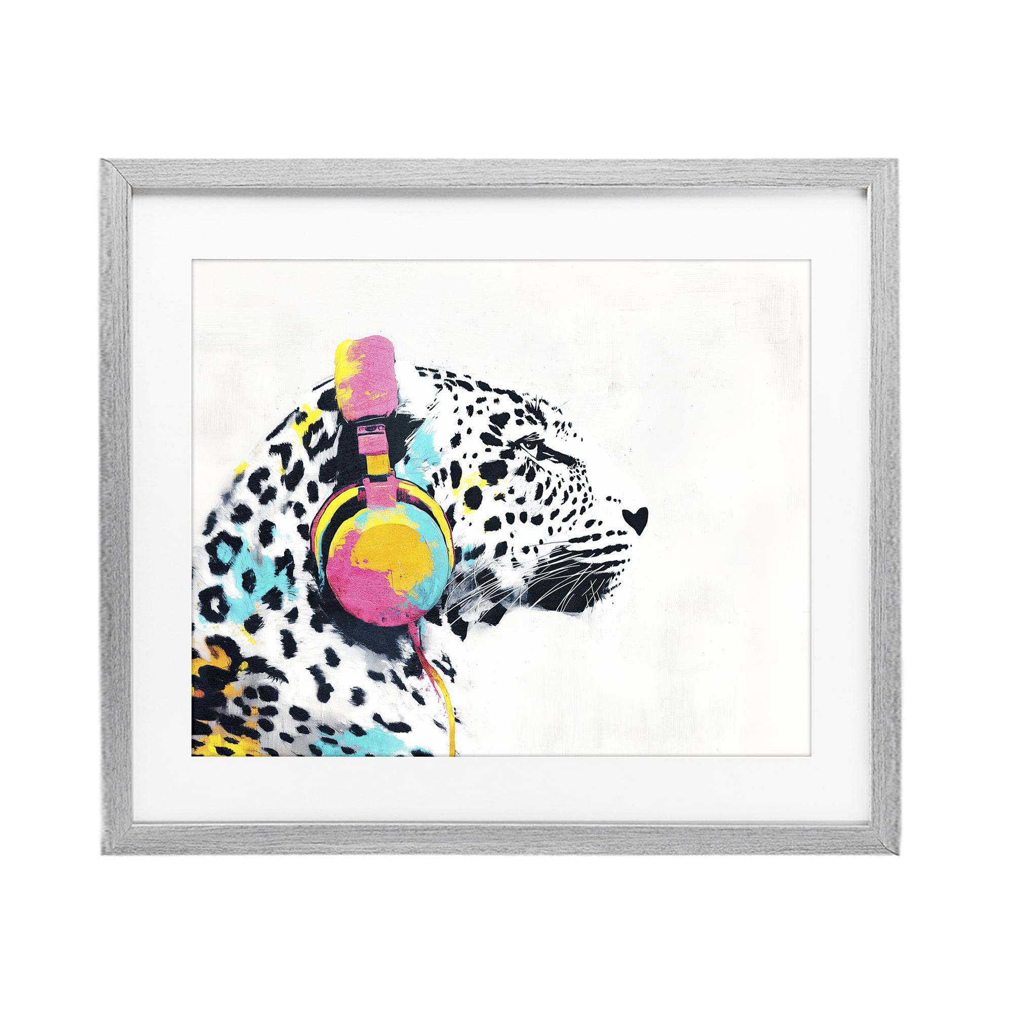 Stupell Industries Leopard On Air Headphones Gray Framed Print Under Glass, design by Svetlana Aleynikova