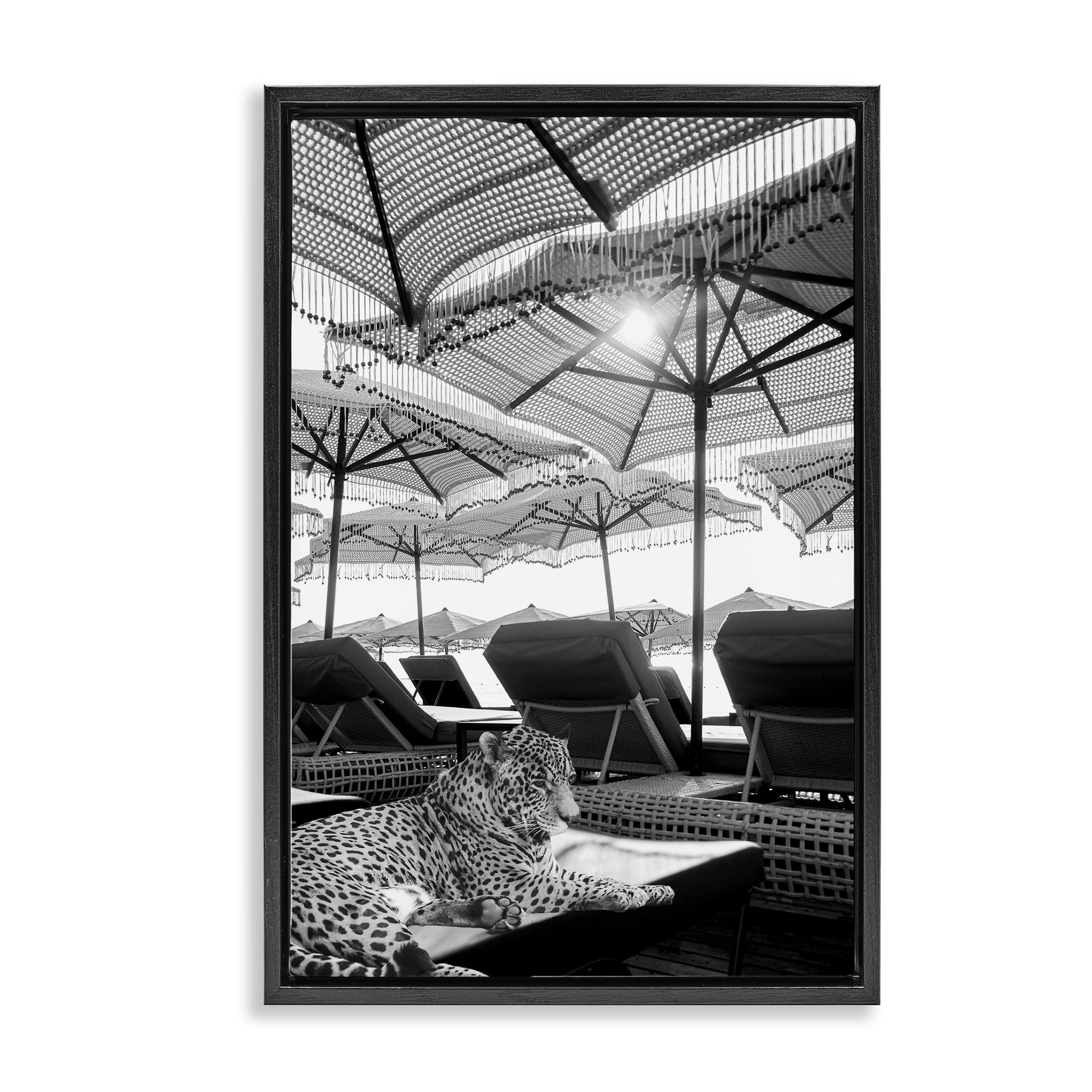 Stupell Industries Leopard On Tropical Vacation Black Framed Floater Canvas Wall Art, design by Grotto Studios