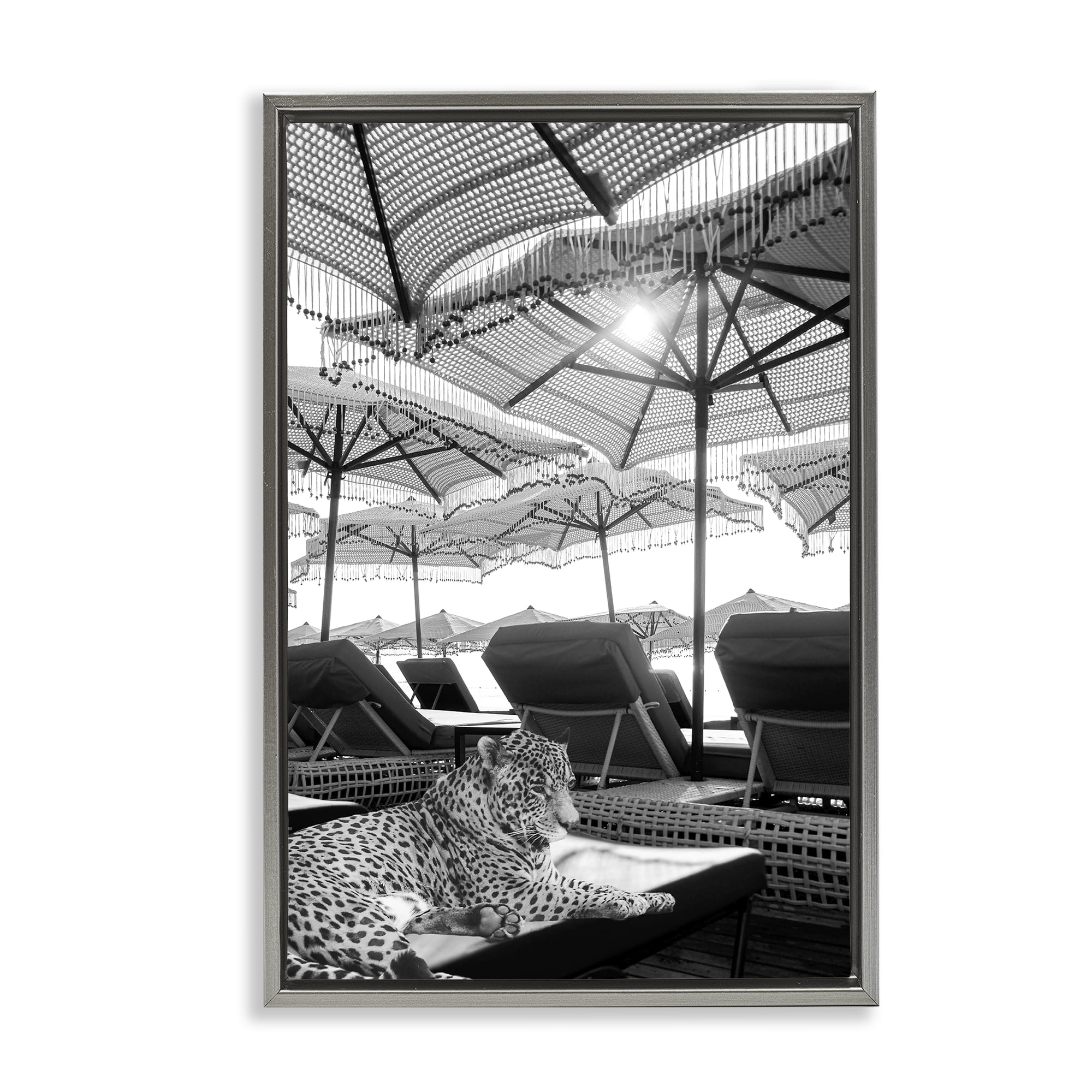 Stupell Industries Leopard On Tropical Vacation Gray Framed Floater Canvas Wall Art, design by Grotto Studios