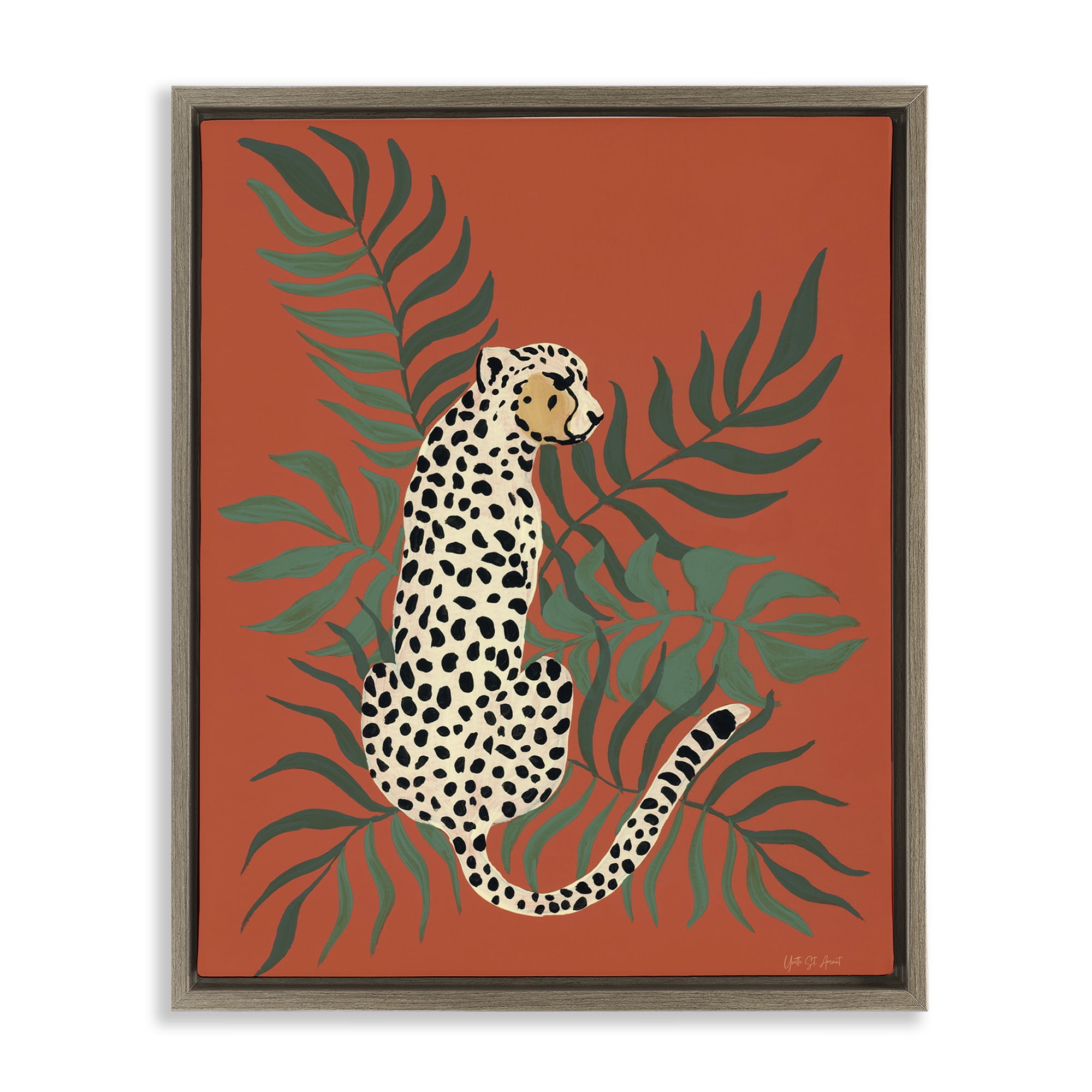 Stupell Industries Leopard & Palm Leaves Animals & Insects Painting Brown Floater Framed Canvas Art Print Wall Art, 25 x 31