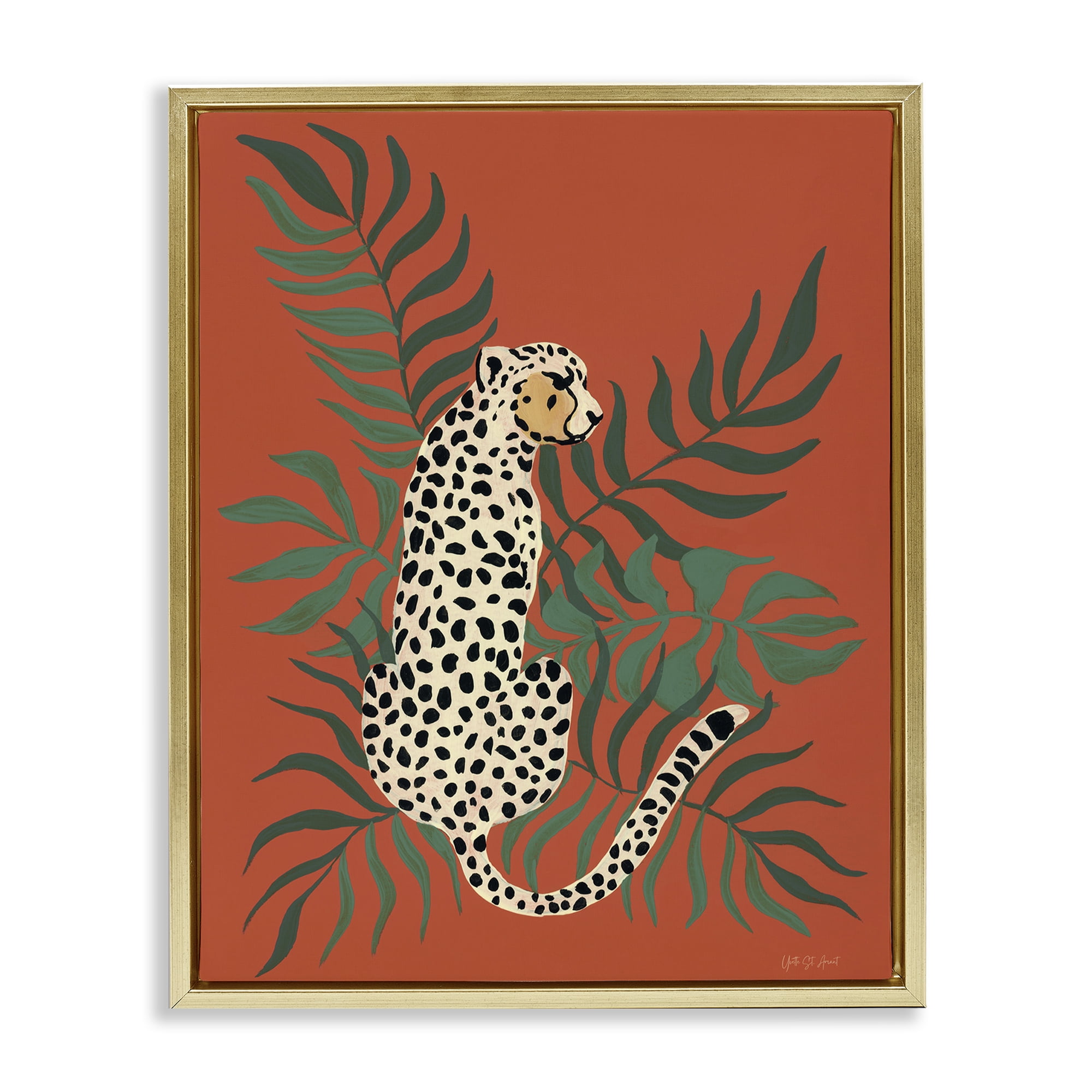 Stupell Industries Leopard & Palm Leaves Animals & Insects Painting Gold Floater Framed Canvas Art Print Wall Art, 17 x 21
