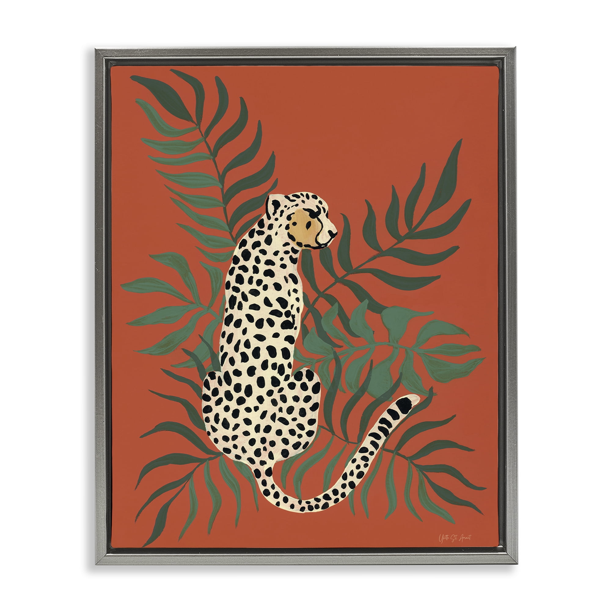 Stupell Industries Leopard & Palm Leaves Animals & Insects Painting Gray Floater Framed Canvas Art Print Wall Art, 25 x 31