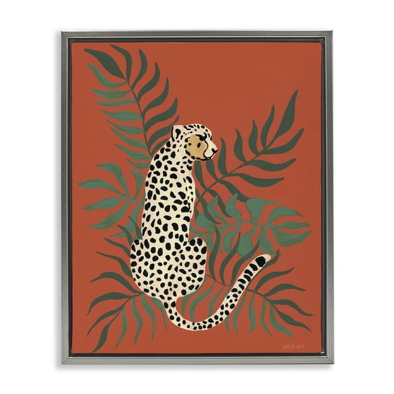 Stupell Industries Leopard & Palm Leaves Animals & Insects Painting Gray Floater Framed Canvas Art Print Wall Art, 25 x 31