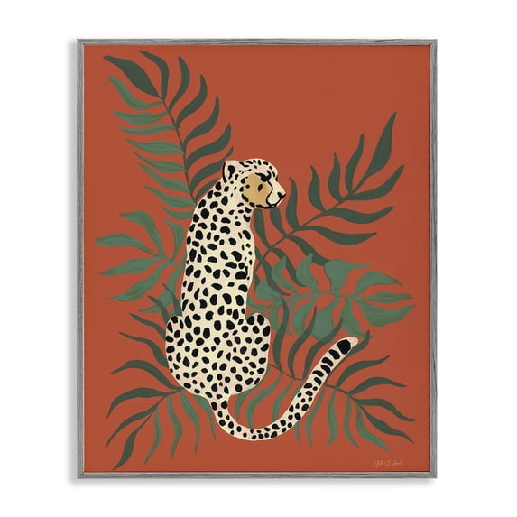 Stupell Industries Leopard & Palm Leaves Animals & Insects Painting Gray Framed Art Print Wall Art, 24 x 30