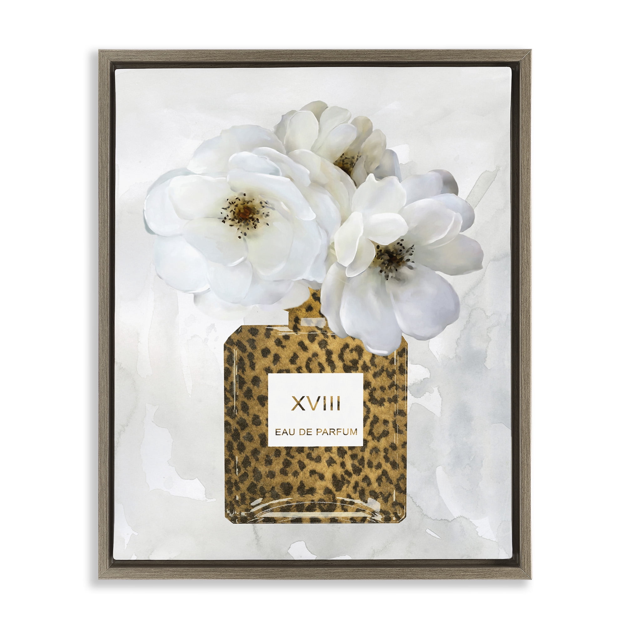Stupell Industries Leopard Pattern Perfume Bottle Beauty & Fashion Painting Brown Floater Framed Canvas Art Print Wall Art, 17 x 21