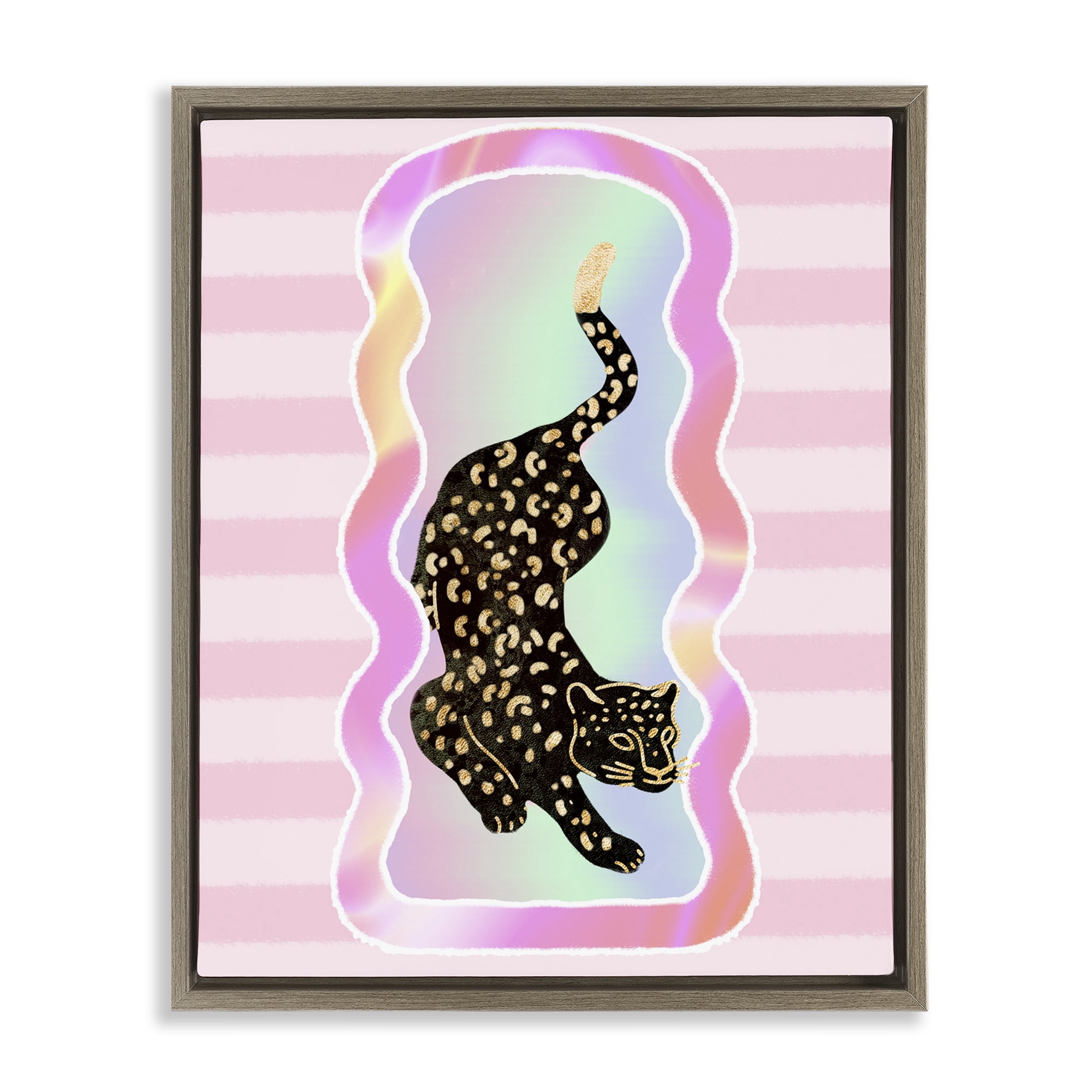 Stupell Industries Leopard & Pink Stripes Animals & Insects Painting Brown Floater Framed Canvas Art Print Wall Art, 17 x 21