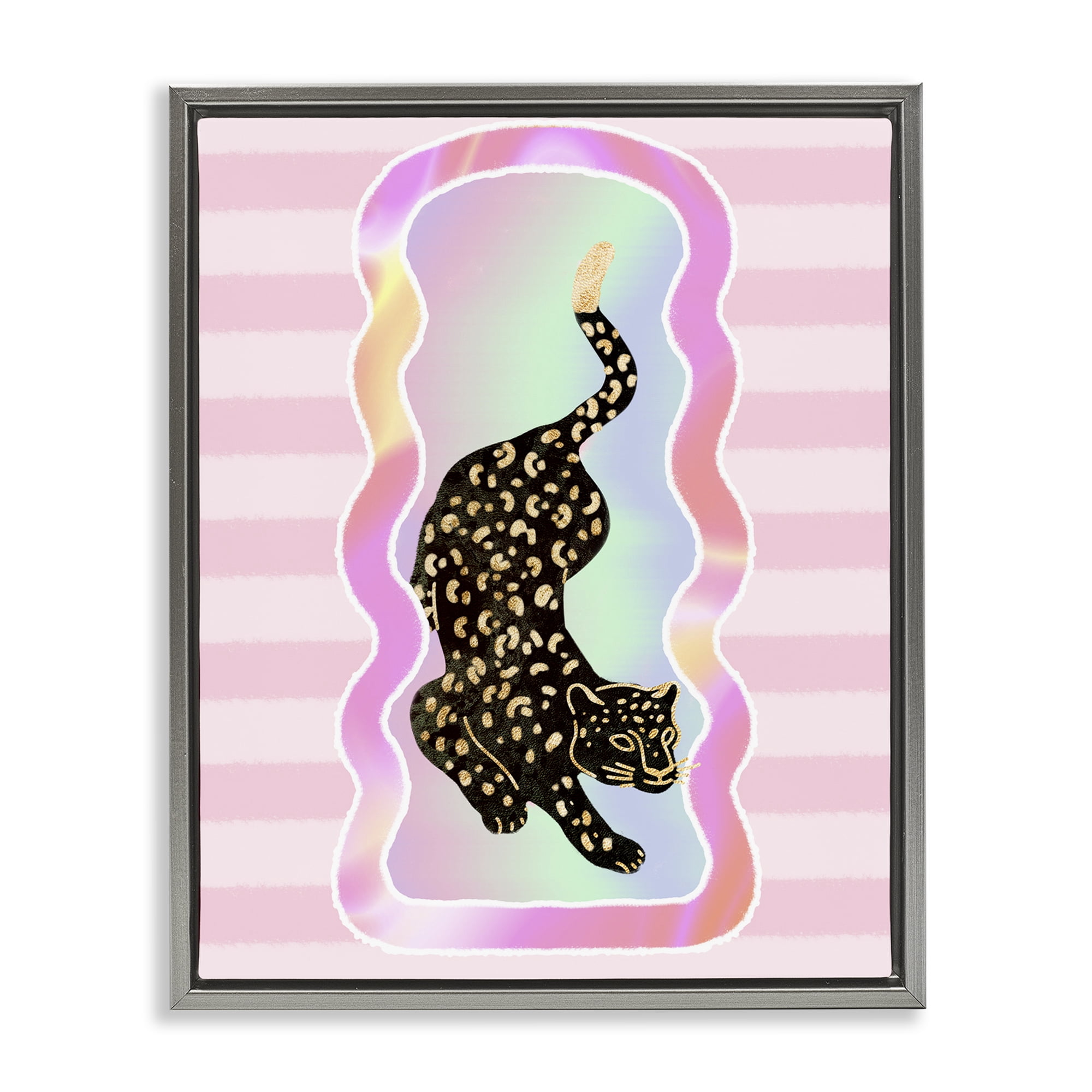 Stupell Industries Leopard & Pink Stripes Animals & Insects Painting Gray Floater Framed Canvas Art Print Wall Art, 17 x 21