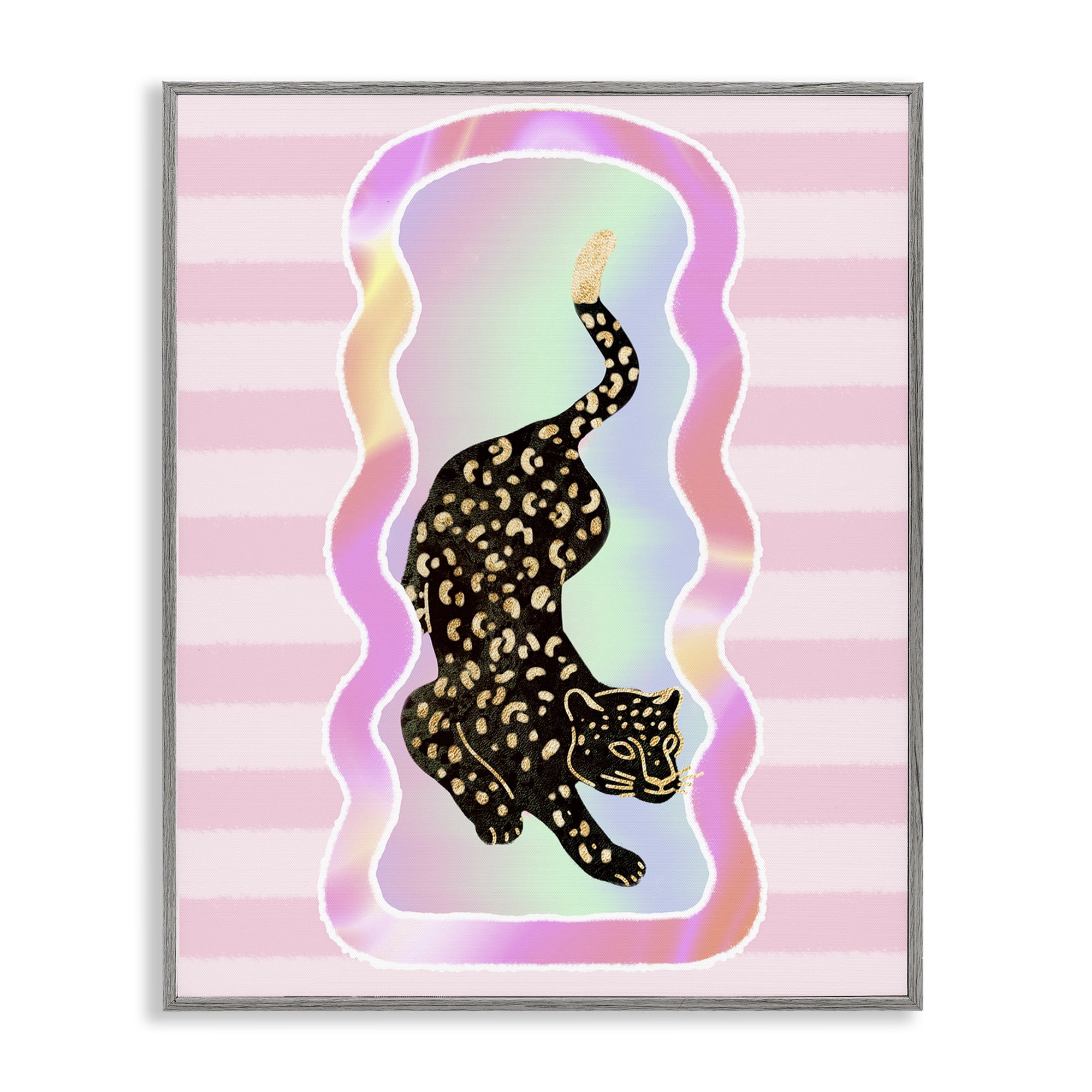 Stupell Industries Leopard & Pink Stripes Animals & Insects Painting Gray Framed Art Print Wall Art, 11 x 14