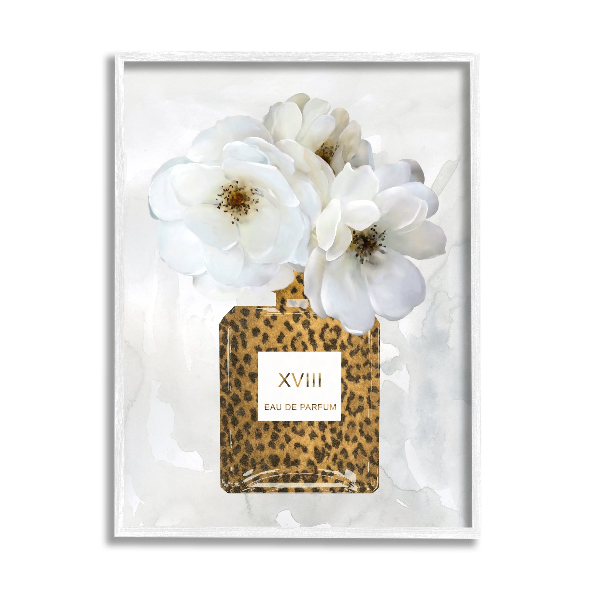 Stupell Industries Leopard Print Perfume Bottle Glam White Spring Florals, 11 x 14, Design by Carol Robinson