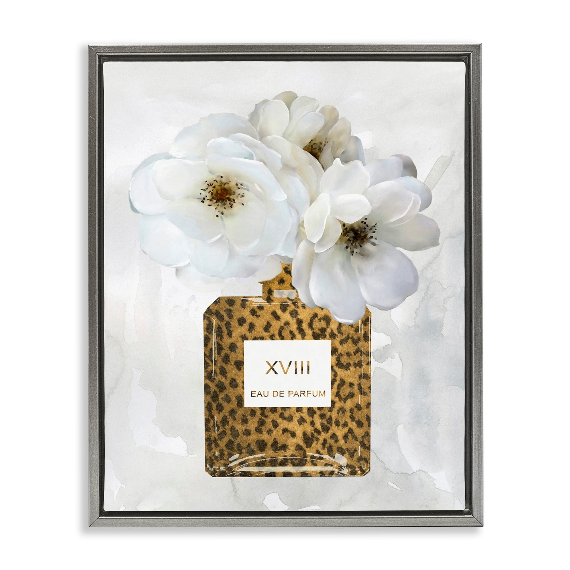 Stupell Industries Leopard Print Perfume Bottle Glam White Spring Florals Luster Gray Framed Floating Canvas Wall Art, 24x30, by Carol Robinson