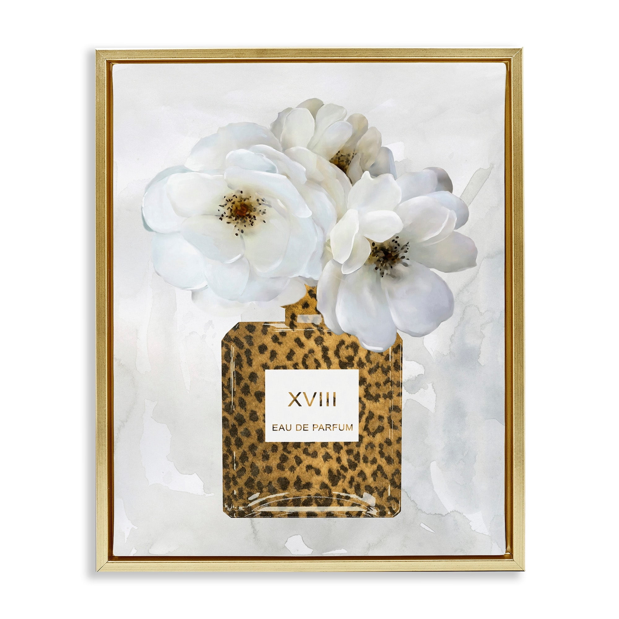 Stupell Industries Leopard Print Perfume Bottle Glam White Spring Florals Metallic Gold Framed Floating Canvas Wall Art, 16x20, by Carol Robinson