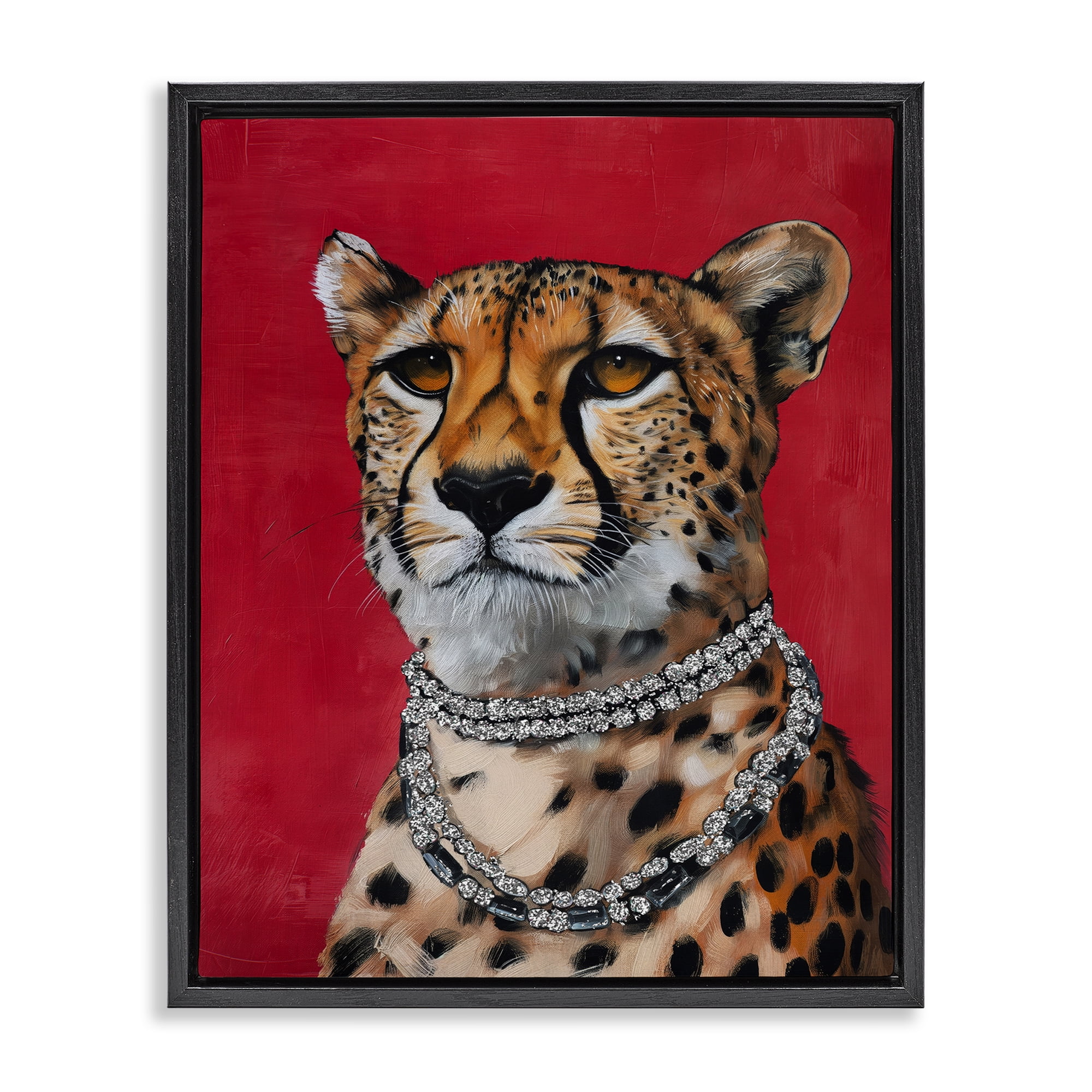 Stupell Industries Leopard Royalty with Necklace Animals Painting Black Floater Framed Canvas Art Print Wall Art, 25 x 31
