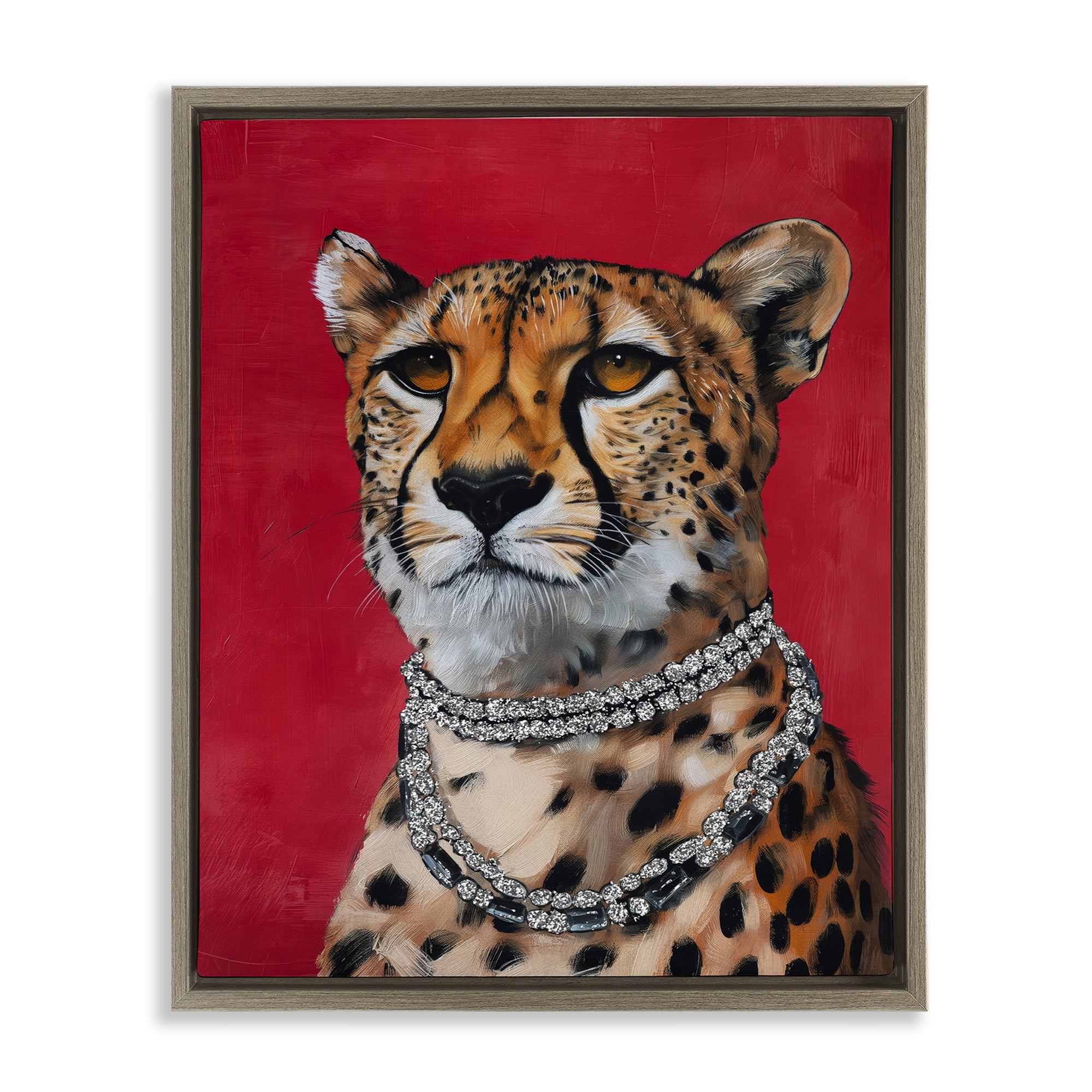 Stupell Industries Leopard Royalty with Necklace Animals Painting Brown Floater Framed Canvas Art Print Wall Art, 17 x 21