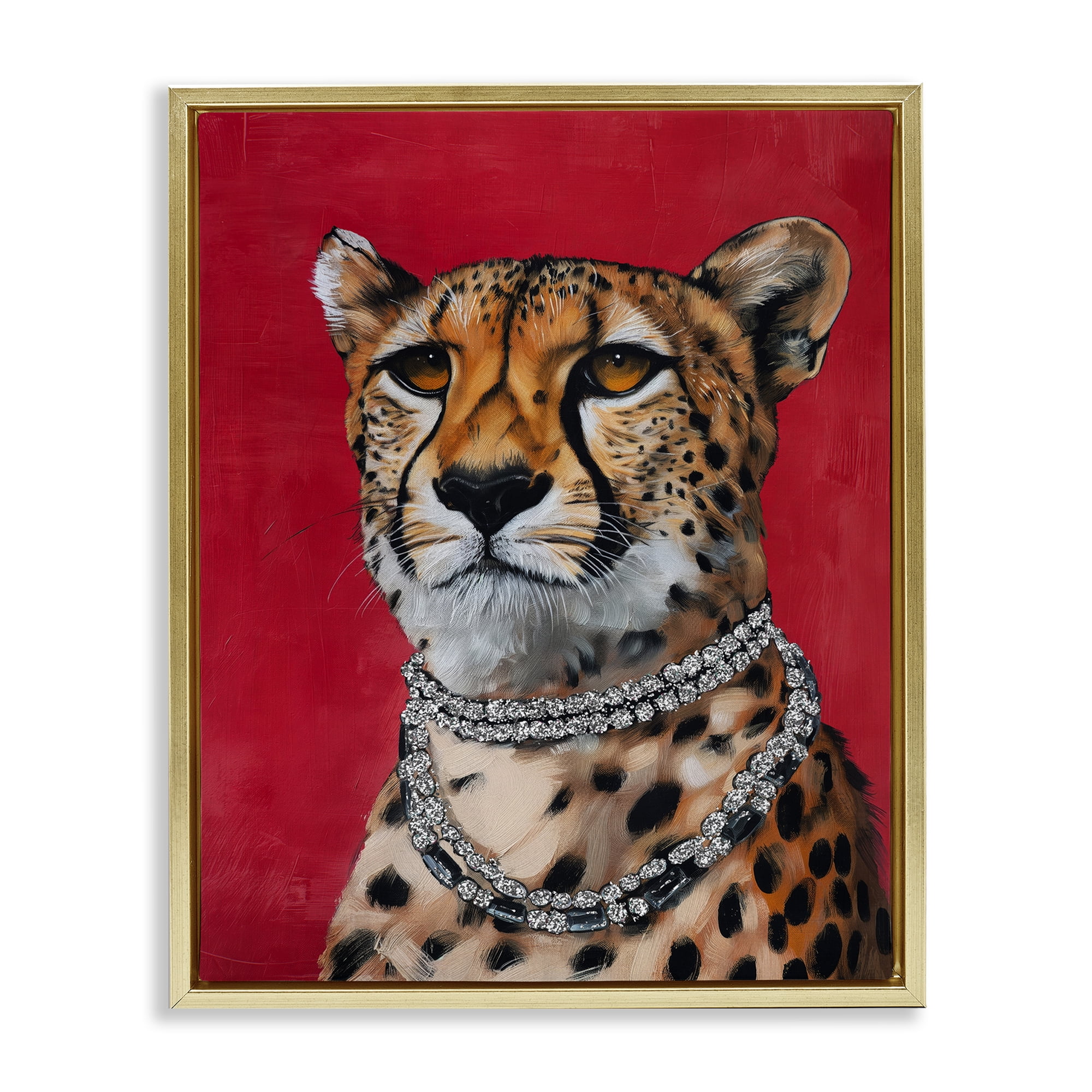 Stupell Industries Leopard Royalty with Necklace Animals Painting Gold Floater Framed Canvas Art Print Wall Art, 17 x 21