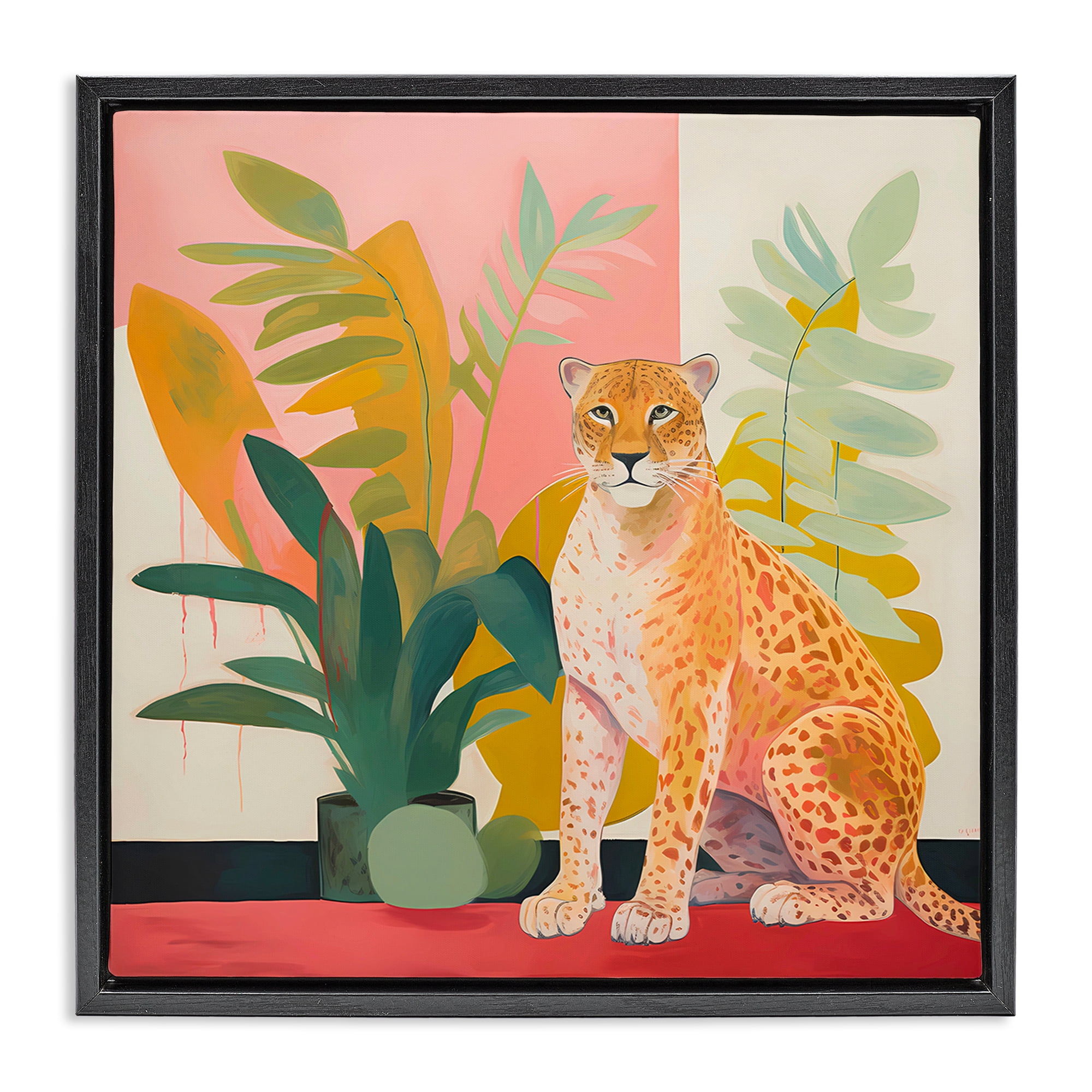 Stupell Industries Leopard Sitting with Plants Animals & Insects Painting Black Floater Framed Canvas Art Print Wall Art, 25 x 25