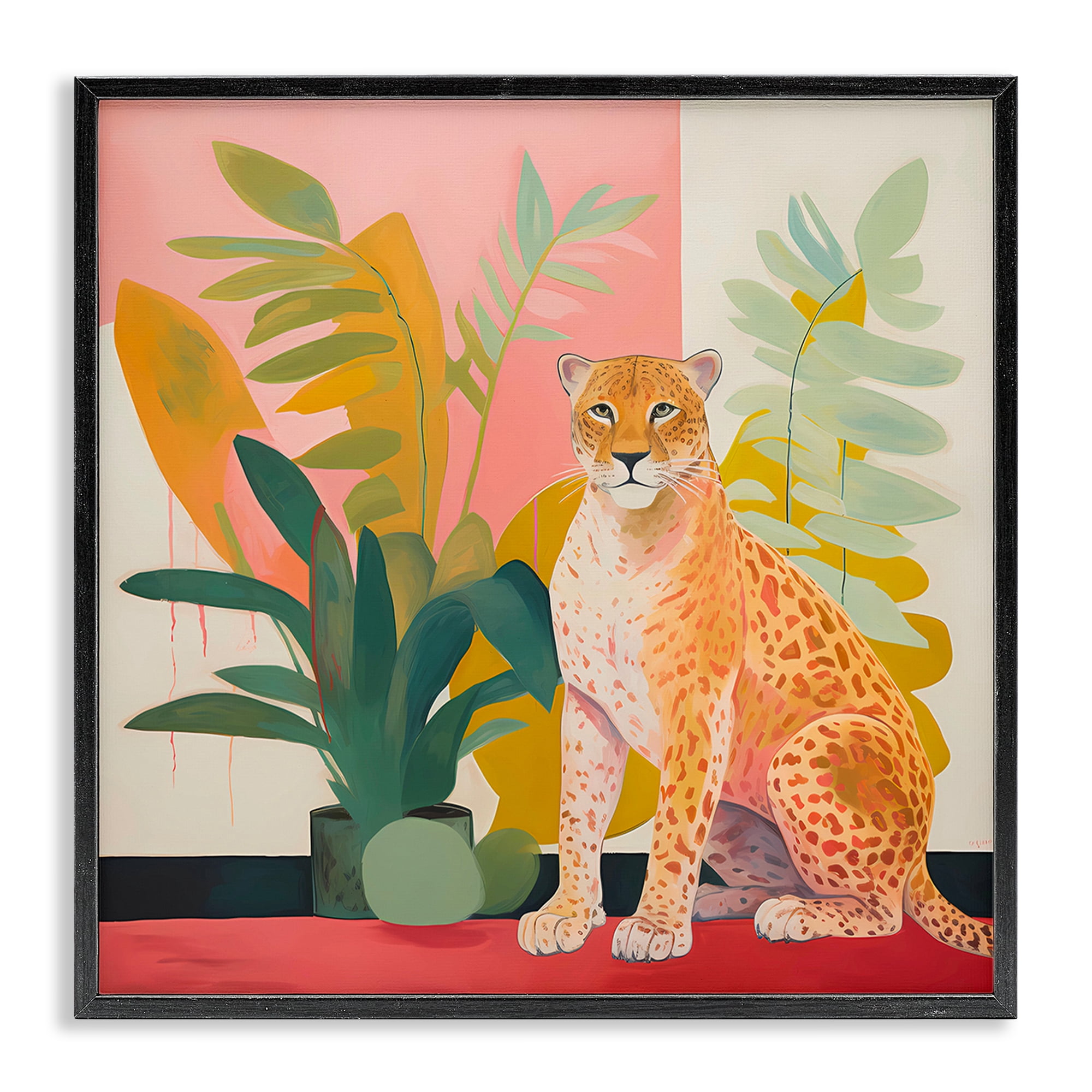 Stupell Industries Leopard Sitting with Plants Animals & Insects Painting Black Framed Art Print Wall Art, 17 x 17