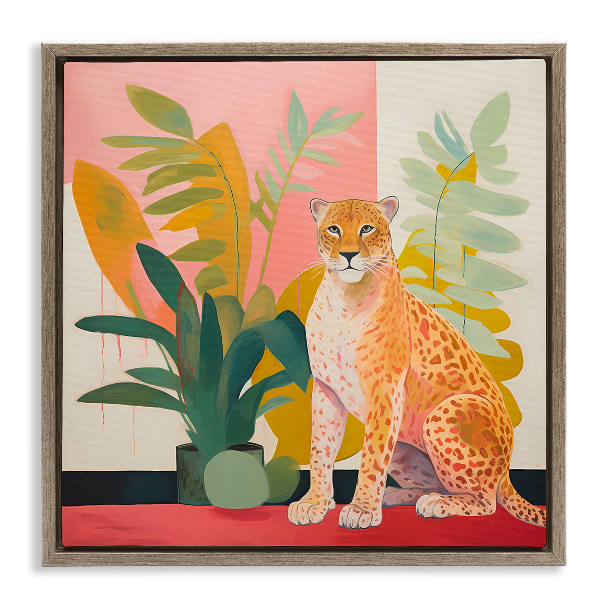Stupell Industries Leopard Sitting with Plants Animals & Insects Painting Brown Floater Framed Canvas Art Print Wall Art, 25 x 25