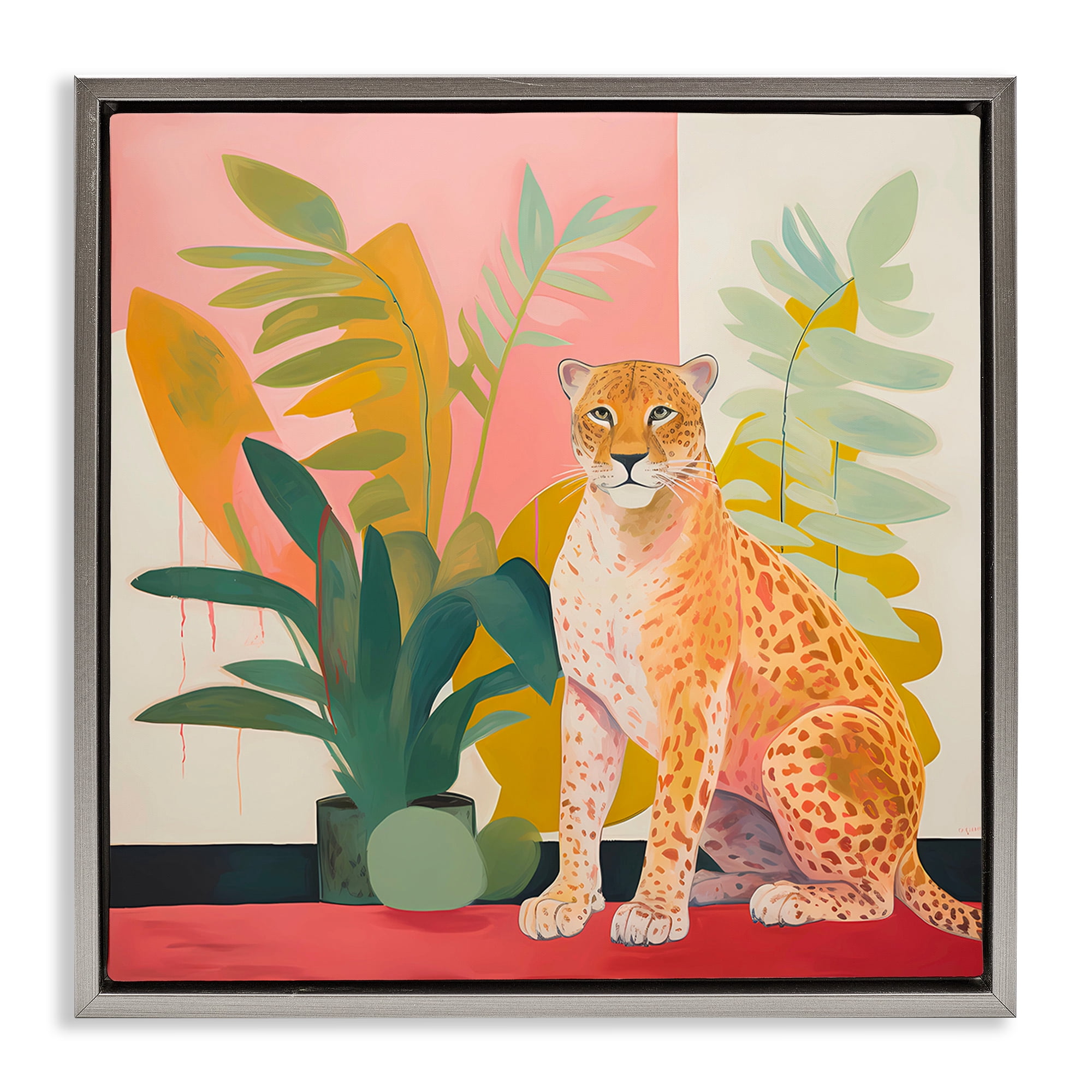 Stupell Industries Leopard Sitting with Plants Animals & Insects Painting Gray Floater Framed Canvas Art Print Wall Art, 18 x 18