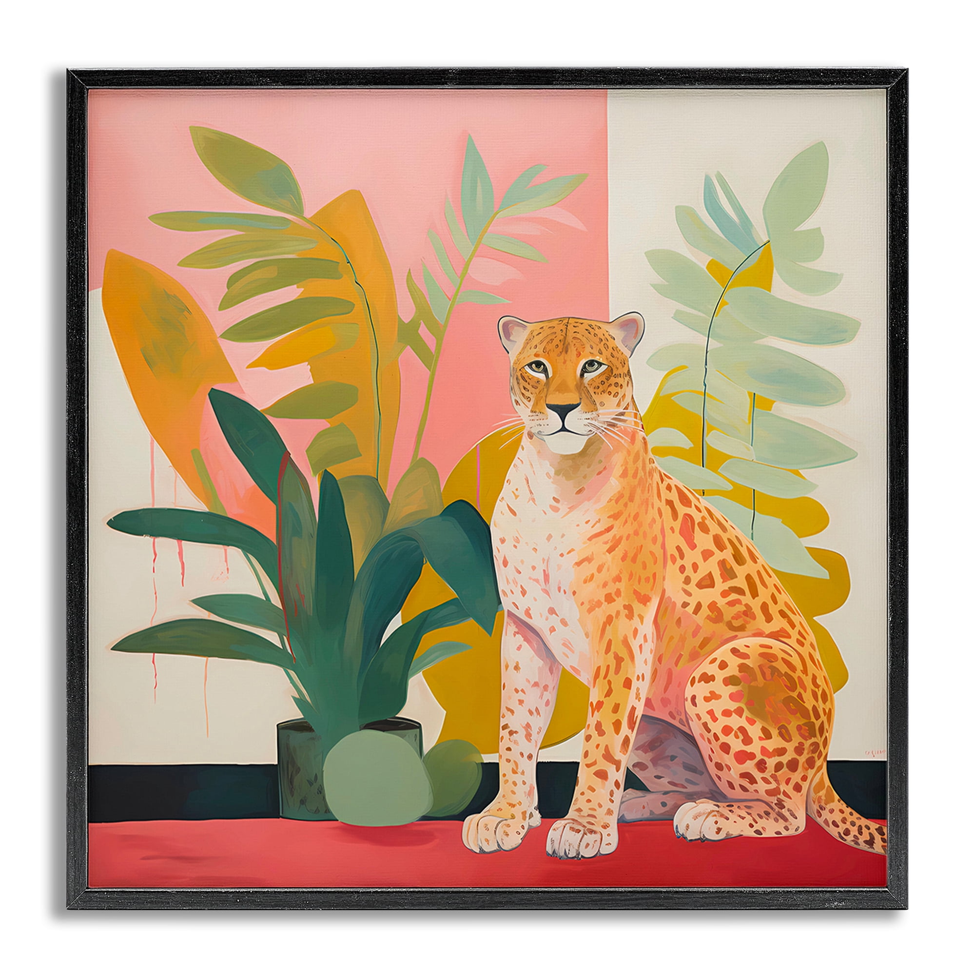 Stupell Industries Leopard Sitting with Plants Animals & Insects Painting Gray Framed Art Print Wall Art, 24 x 24