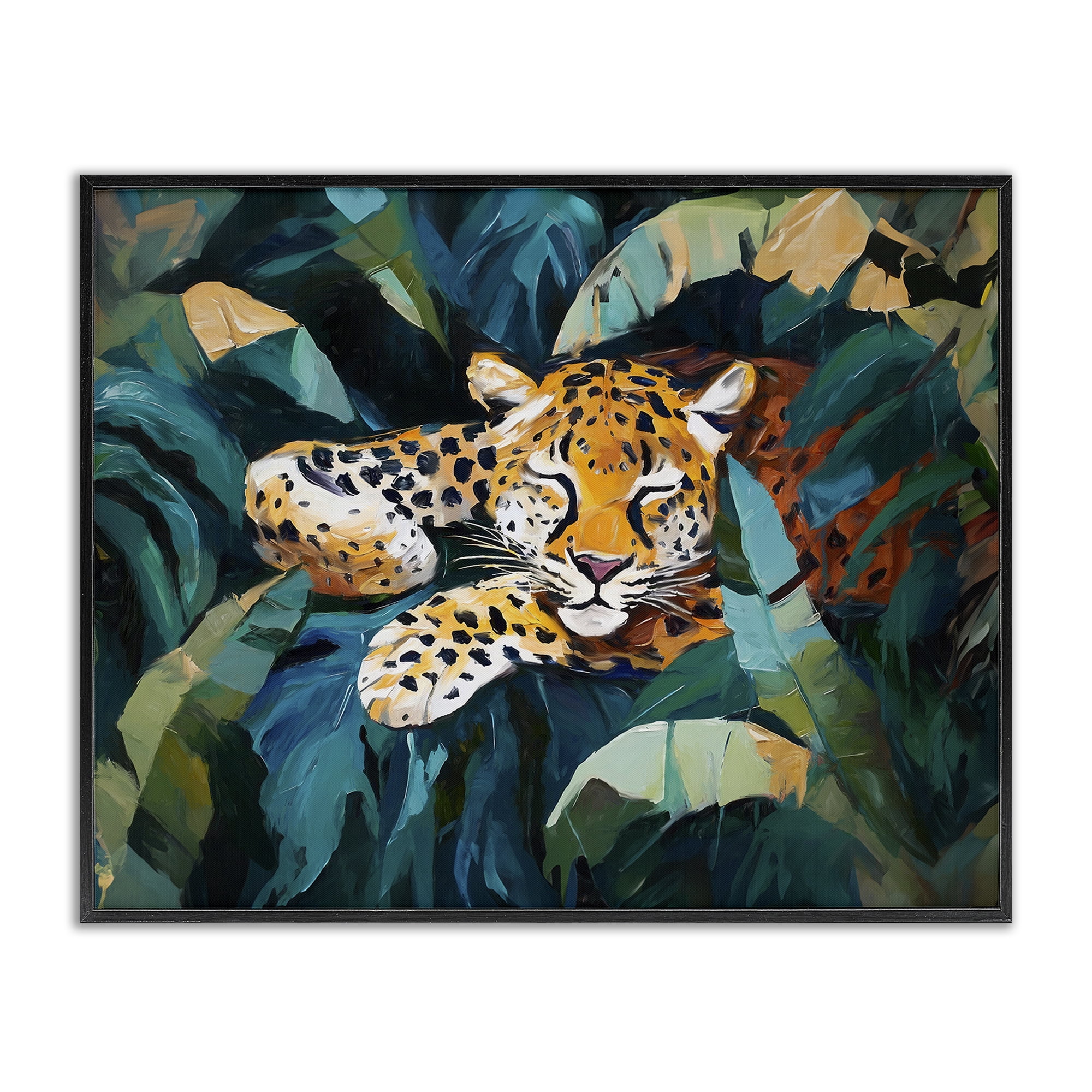 Stupell Industries Leopard Sleeping in Leaves Animals & Insects Painting Black Framed Art Print Wall Art, 30 x 24