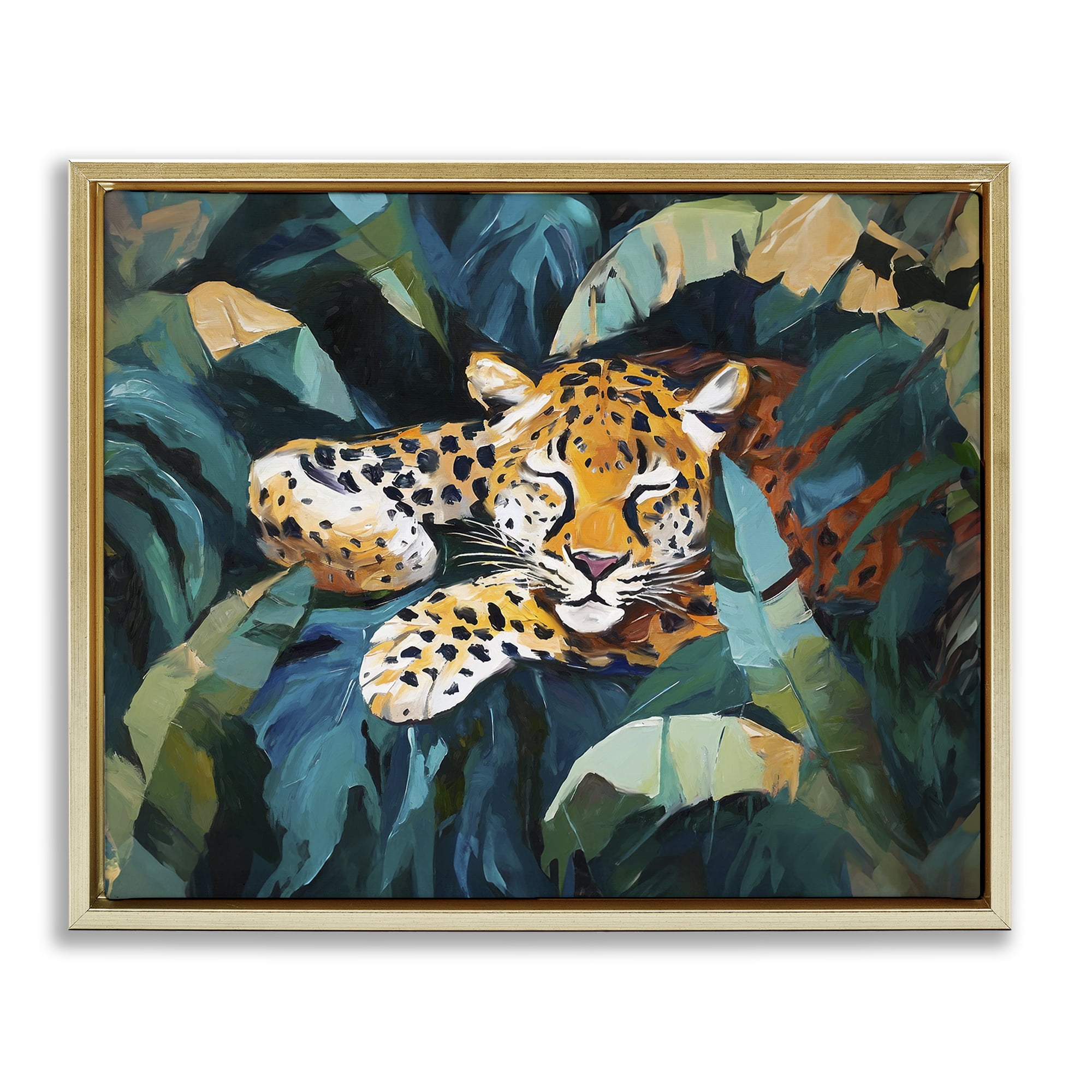 Stupell Industries Leopard Sleeping in Leaves Animals & Insects Painting Gold Floater Framed Canvas Art Print Wall Art, 31 x 25
