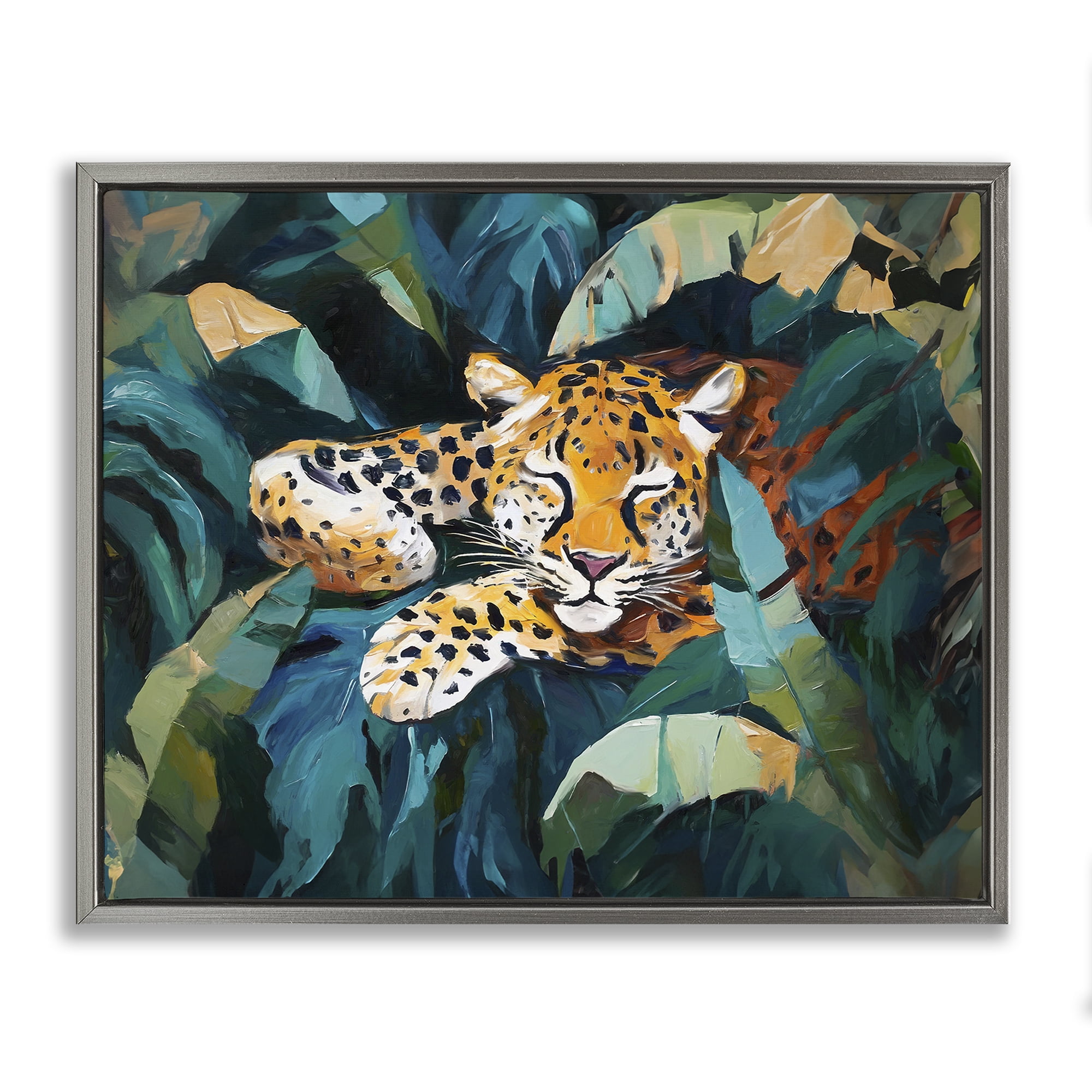 Stupell Industries Leopard Sleeping in Leaves Animals & Insects Painting Gray Floater Framed Canvas Art Print Wall Art, 31 x 25