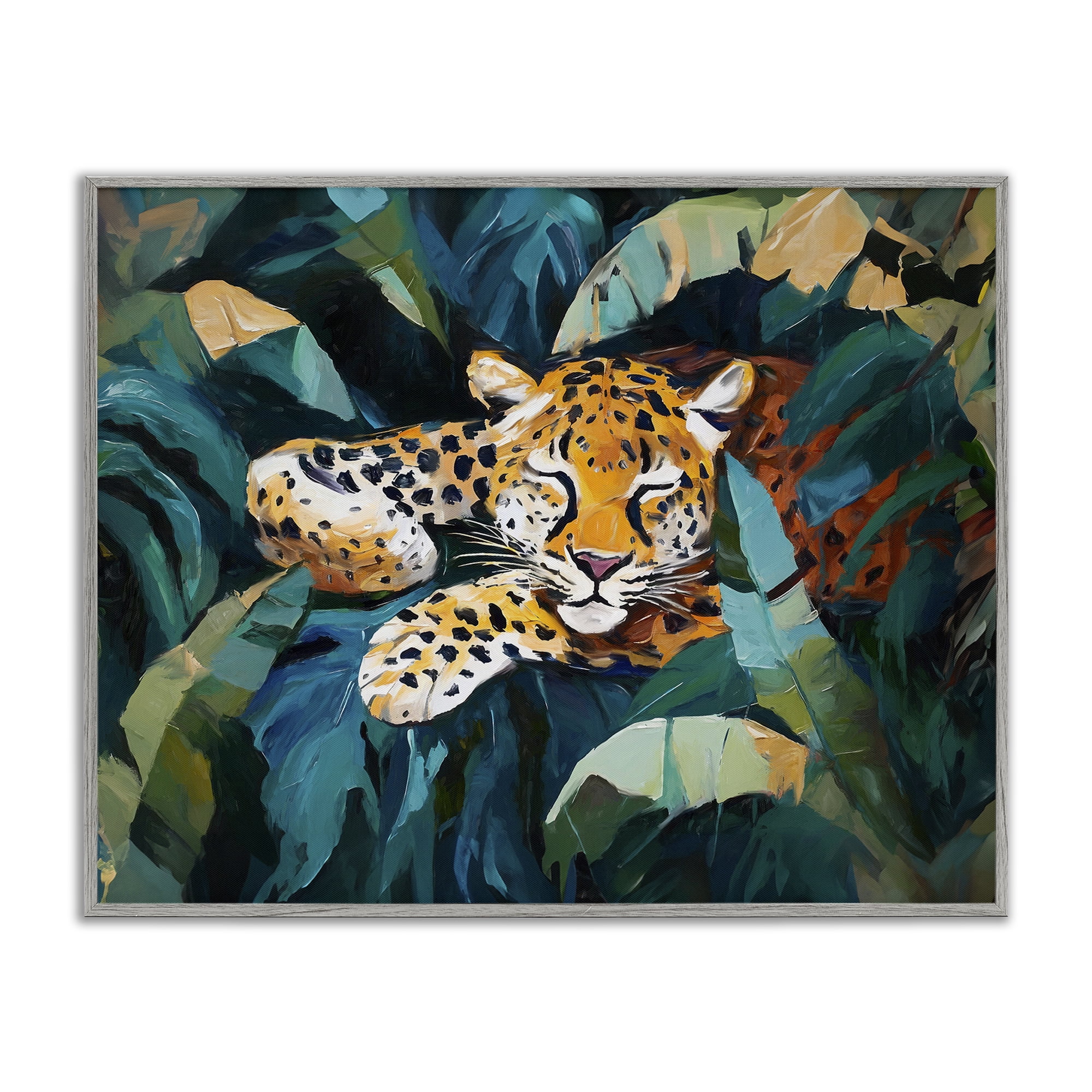 Stupell Industries Leopard Sleeping in Leaves Animals & Insects Painting Gray Framed Art Print Wall Art, 14 x 11
