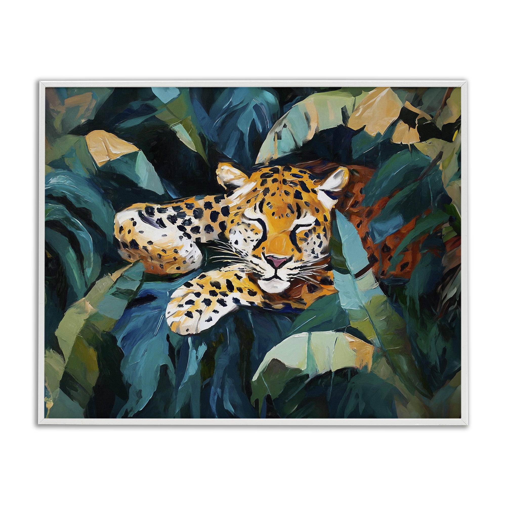 Stupell Industries Leopard Sleeping in Leaves Animals & Insects Painting White Framed Art Print Wall Art, 14 x 11