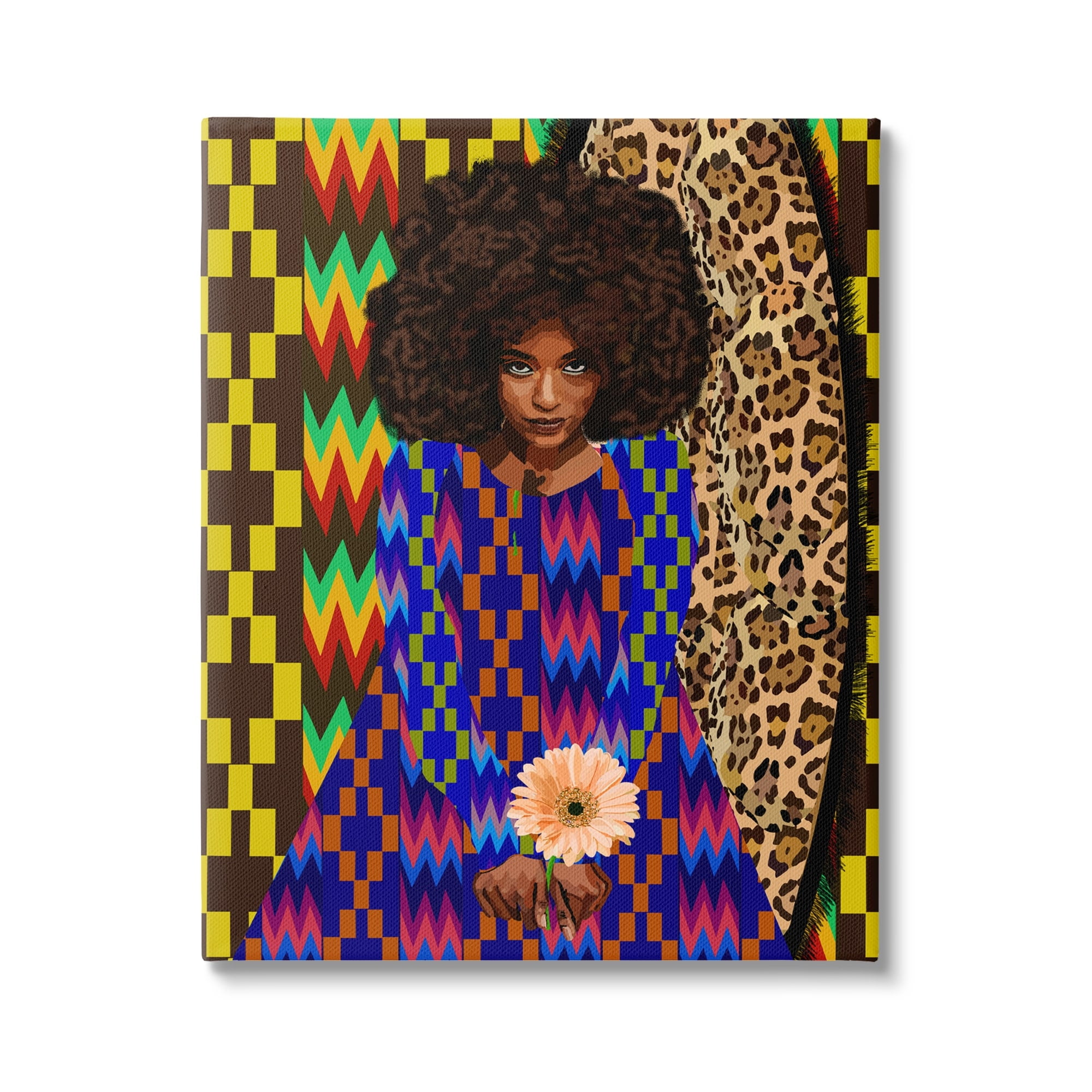 Stupell Industries Leopard Zigzag Abstract Pattern Woman Holding Flower Graphic Art Gallery-Wrapped Canvas Print Wall Art, 30x40, by Lynnda Rakos