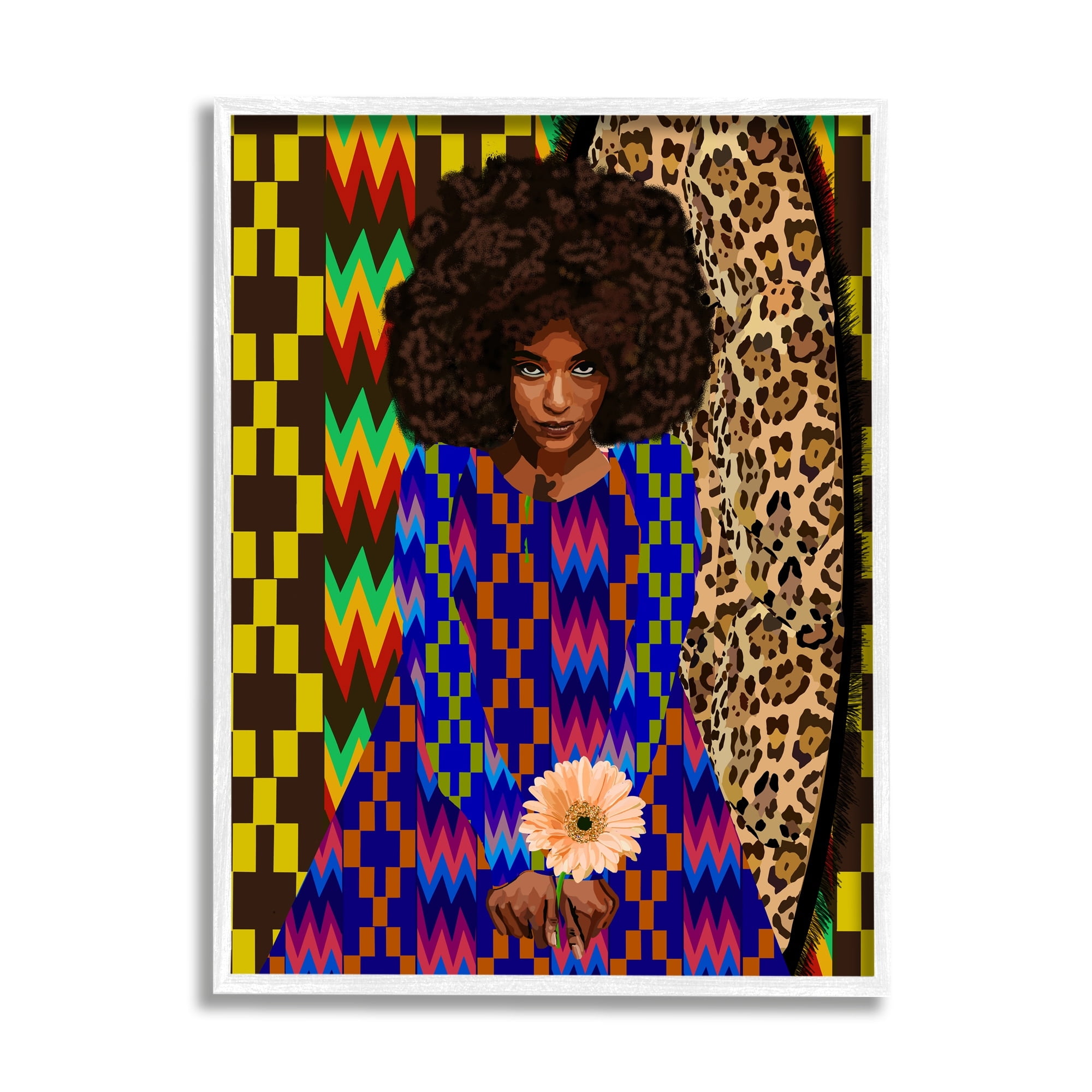 Stupell Industries Leopard Zigzag Abstract Pattern Woman Holding Flower Graphic Art White Framed Art Print Wall Art, 11x14, by Lynnda Rakos
