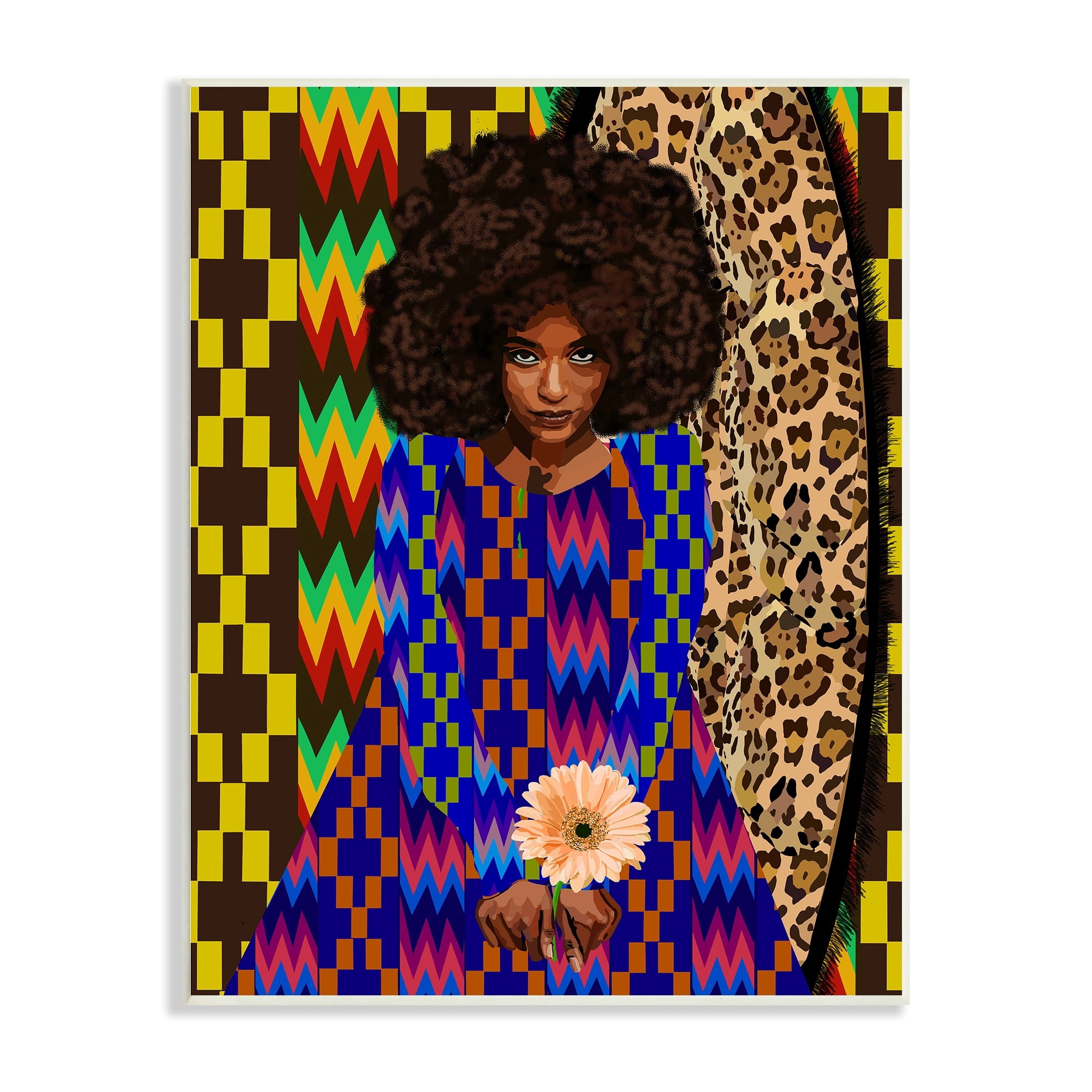Stupell Industries Leopard Zigzag Abstract Pattern Woman Holding Flower Novelty Painting Unframed Art Print Wall Art, 13 x 19, Design by Lynnda Rakos