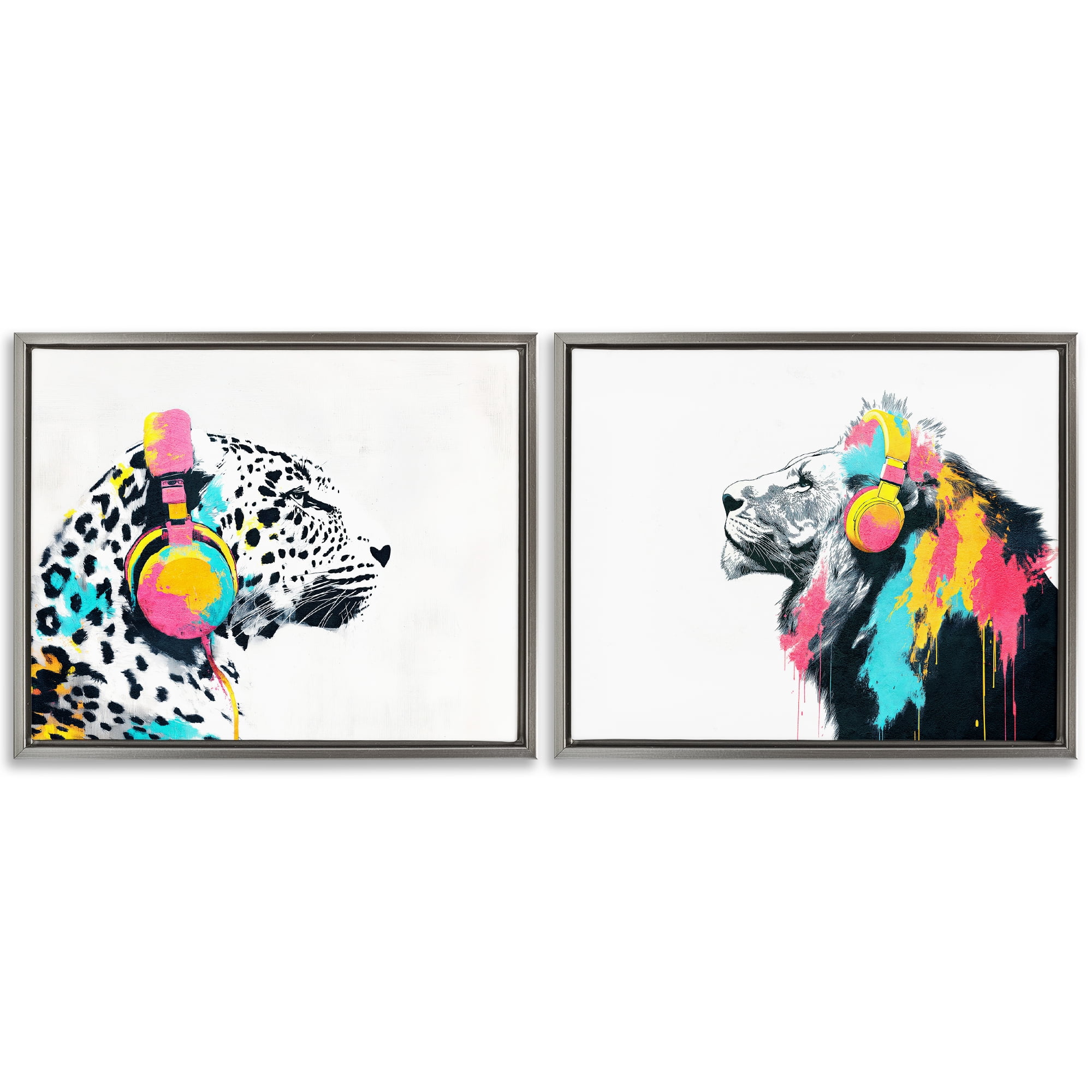 Stupell Industries Leopard and Lion On Air 2 Piece Gray Framed Floater Canvas Set, design by Svetlana Aleynikova